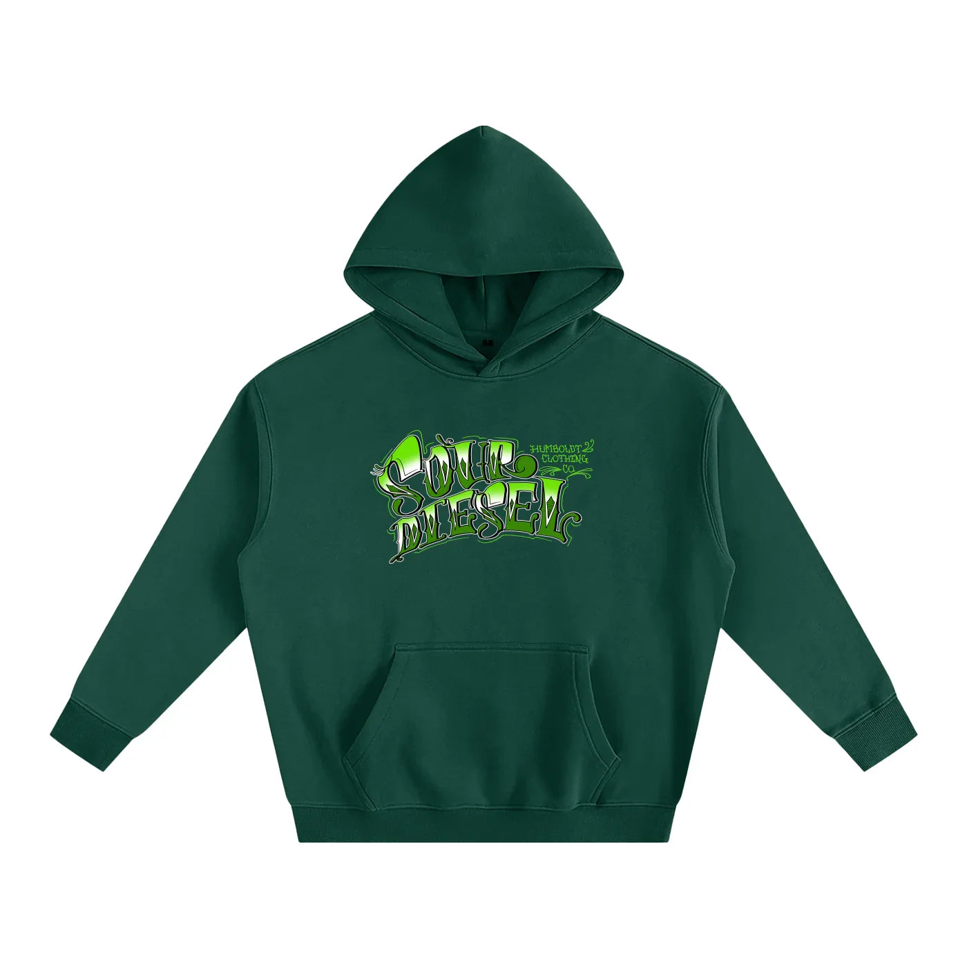 Forest green hoodie with 'Sour Diesel' graphic, Humboldt Clothing Co. design, urban streetwear style