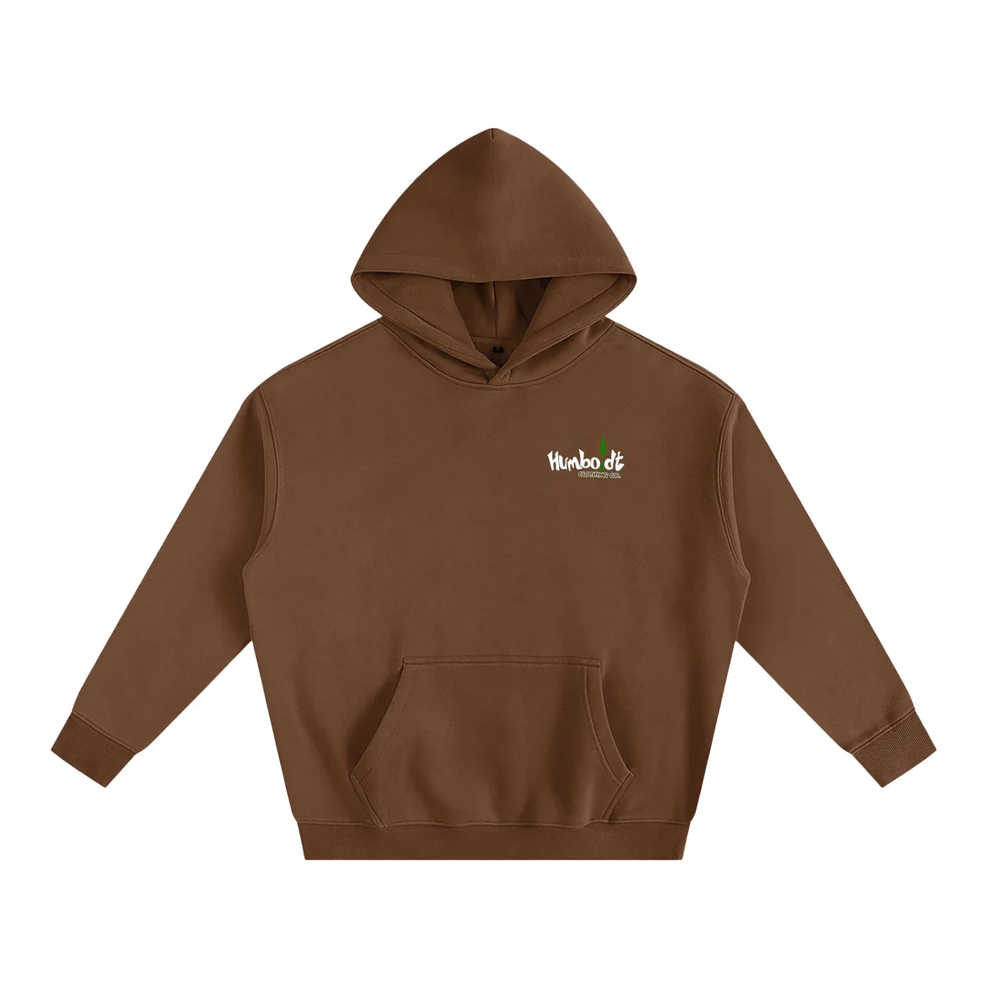 Brown hooded sweatshirt with small chest logo, featuring Humboldt County style for outdoor and streetwear fashion.