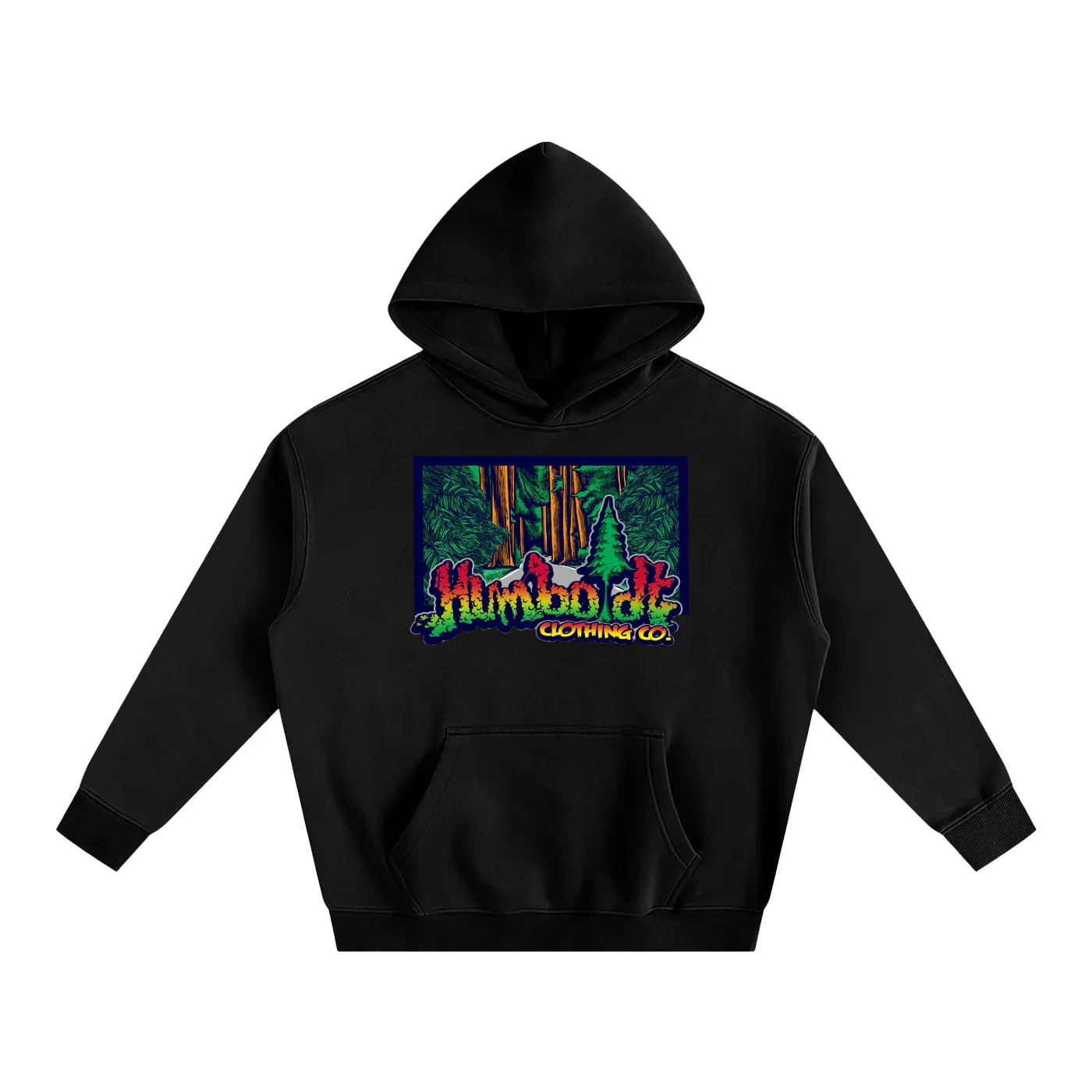 Black hoodie with colorful rasta color graphic design that says Humboldt Clothing Co on a with a forest graphic