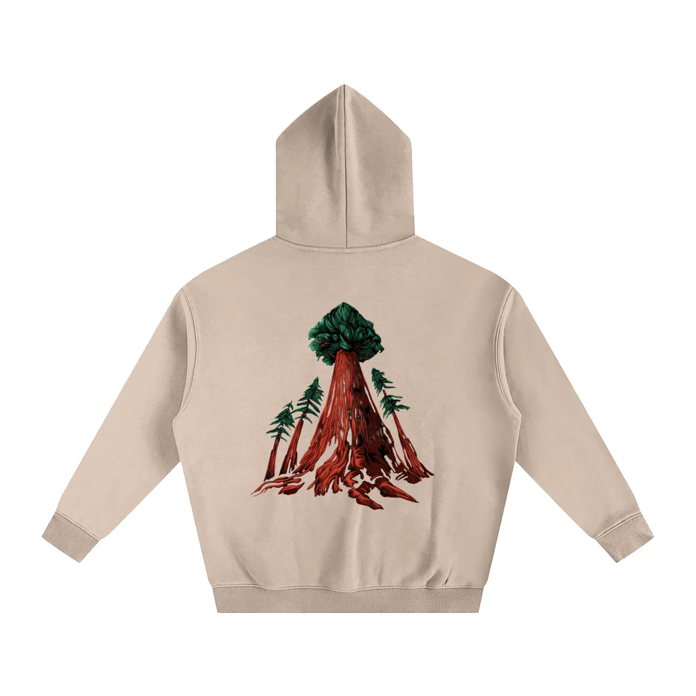 Beige hoodie with red tree root graphic, green forest design, outdoor streetwear style