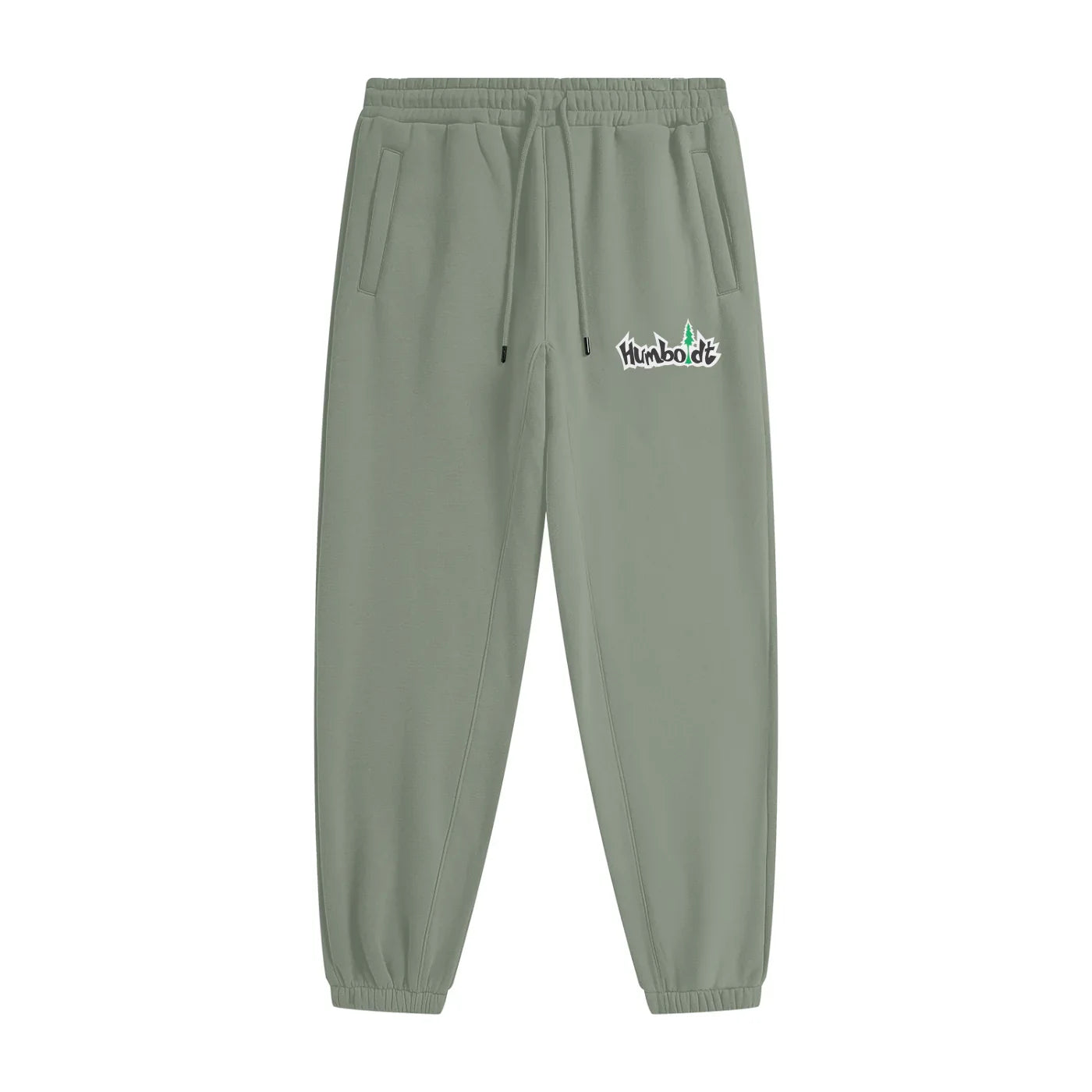 Olive green joggers with Humboldt logo, featuring drawstring waist and side pockets for casual comfort.