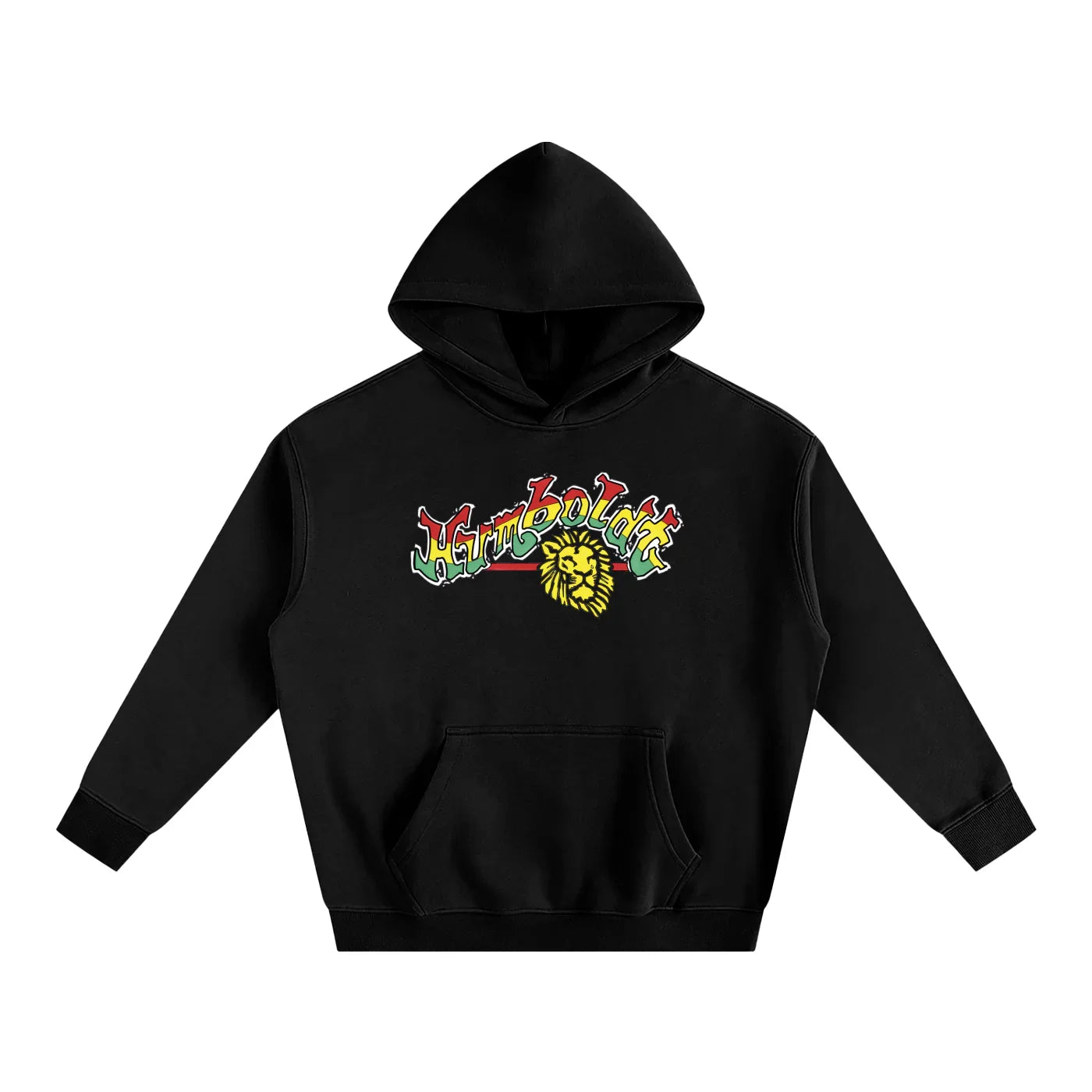 Black hoodie with colorful rasta reggae Humboldt lion graphic, blending outdoor and streetwear style