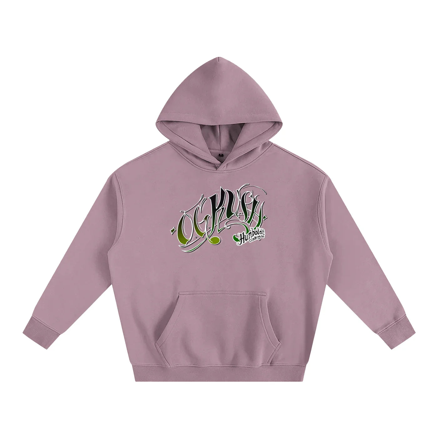 Dusty pink hoodie with green 'OG Kush' graphic, blending Humboldt County streetwear style