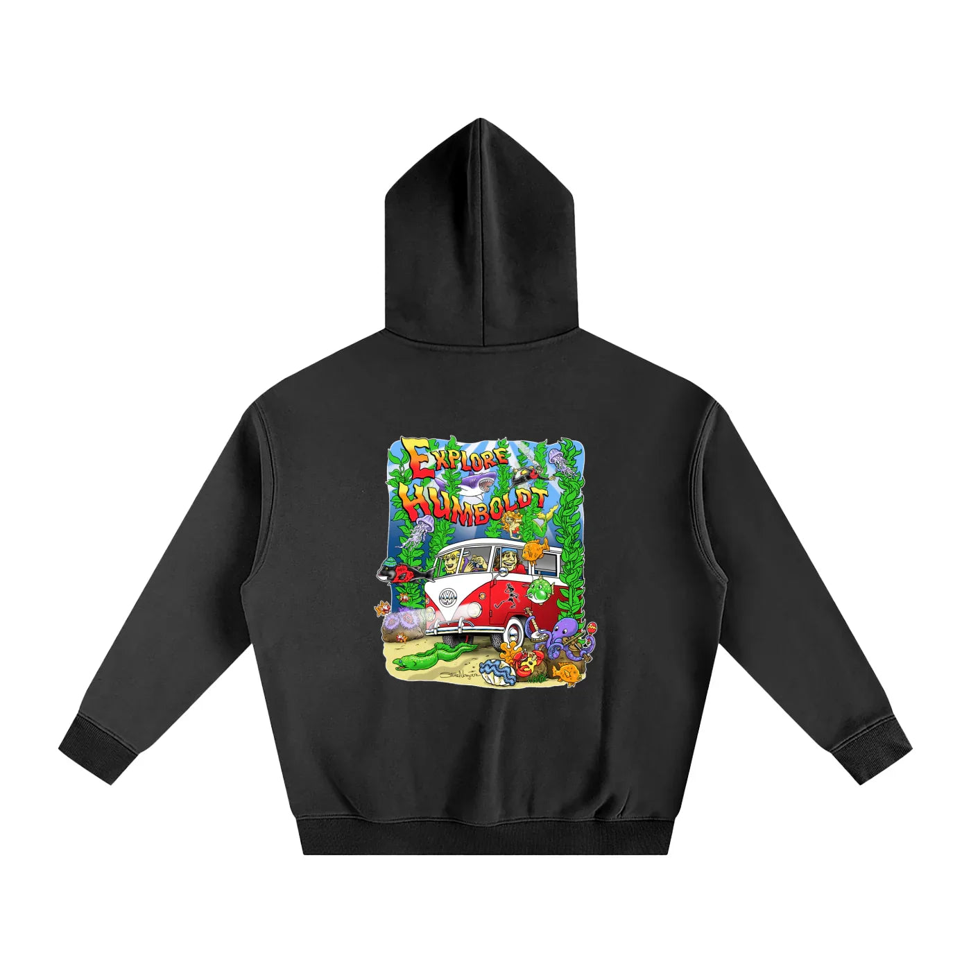 Black hoodie with 'Explore Humboldt' graphic, vintage van, sea creatures, and coastal art for outdoor and streetwear style.