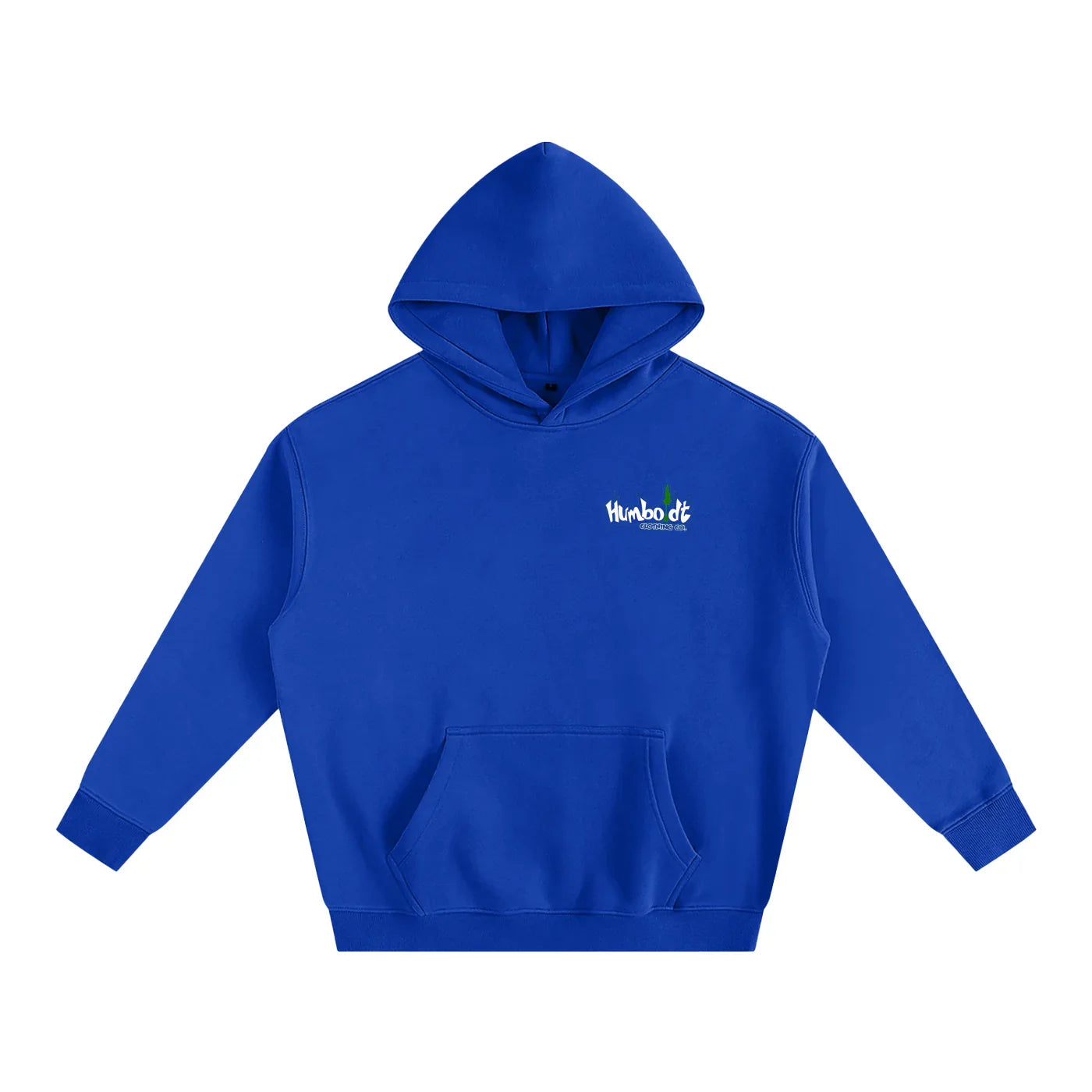 Royal blue hoodie with small chest logo, featuring Humboldt County-inspired streetwear style