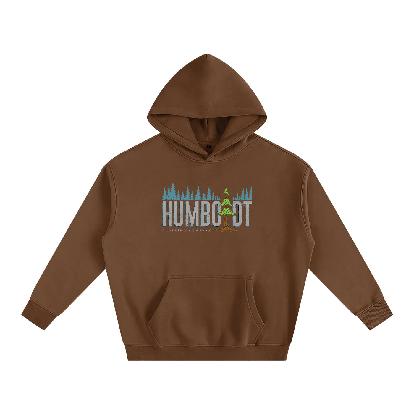 Brown hoodie with Humboldt forest graphic, outdoor streetwear style