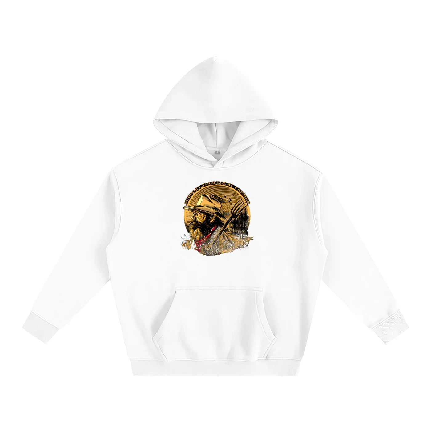 White hoodie with vintage farmer graphic, rustic outdoor style for Humboldt County vibes