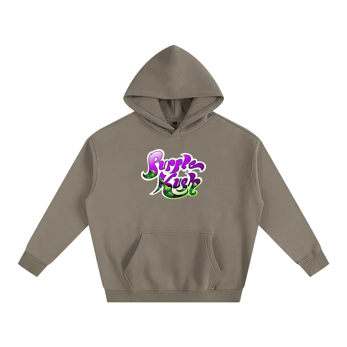 Tan hoodie with vibrant purple and green 'Purple Kush' graphic, blending streetwear style with Humboldt County vibes.