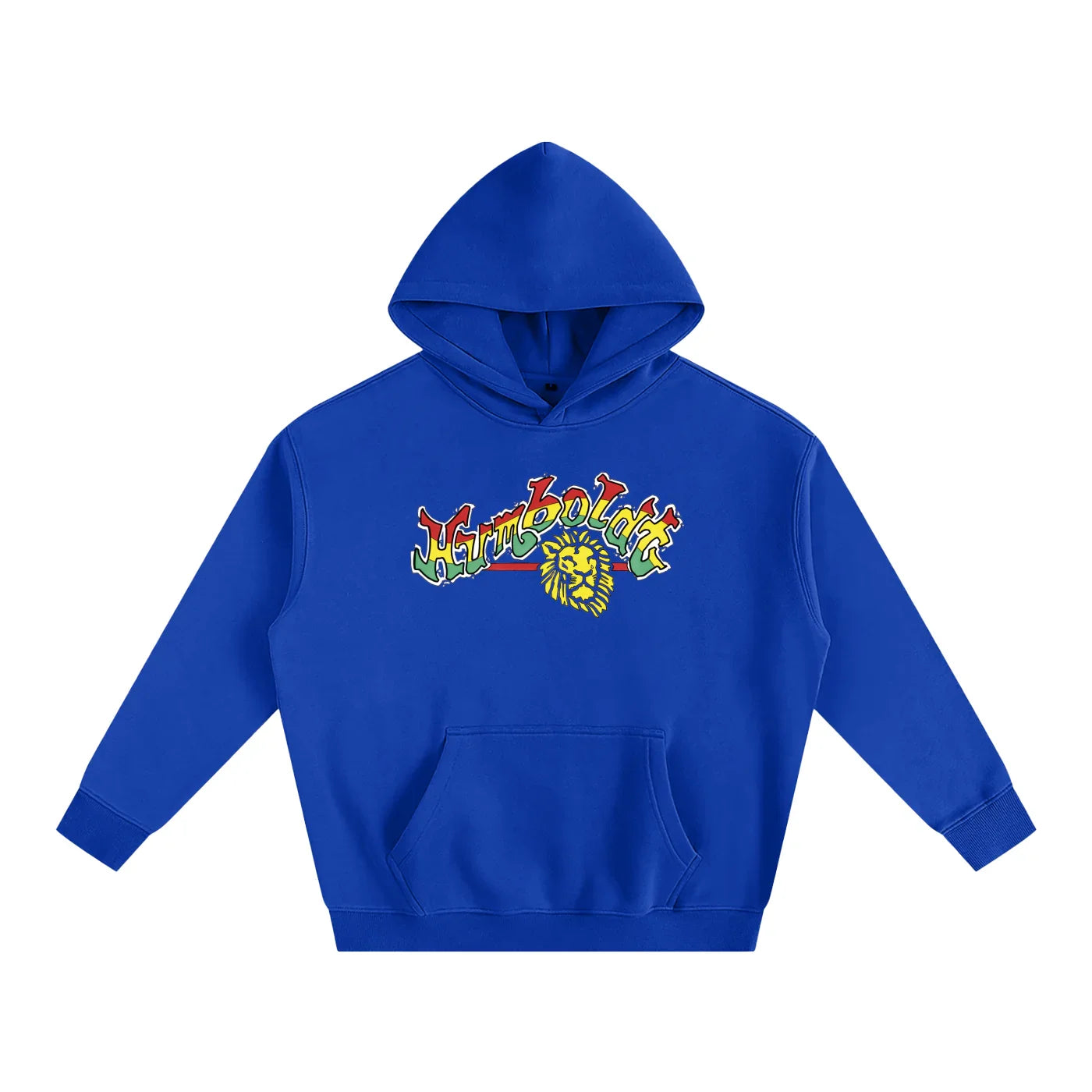 Royal blue hoodie with colorful Humboldt lion graphic, blending outdoor and streetwear style