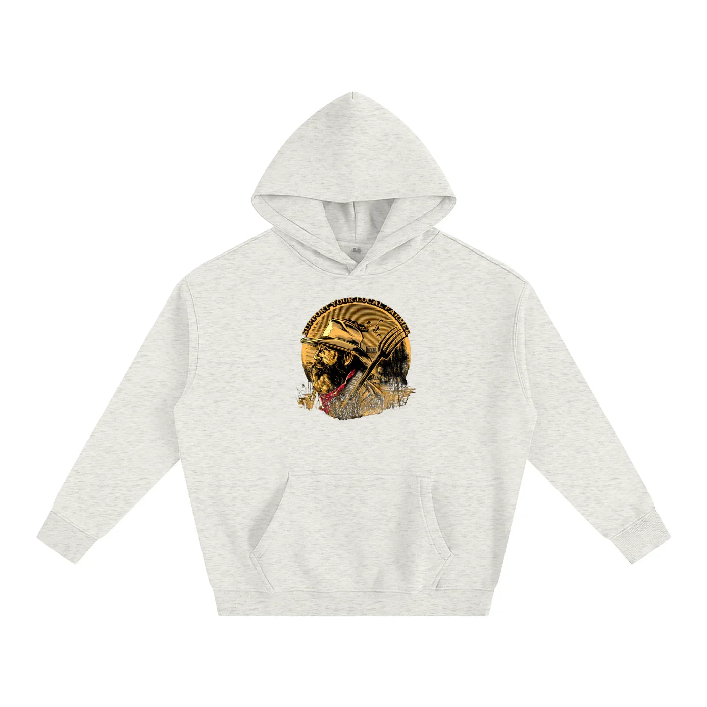 Heather gray hoodie with vintage farmer graphic, rustic outdoor style for Humboldt County vibes
