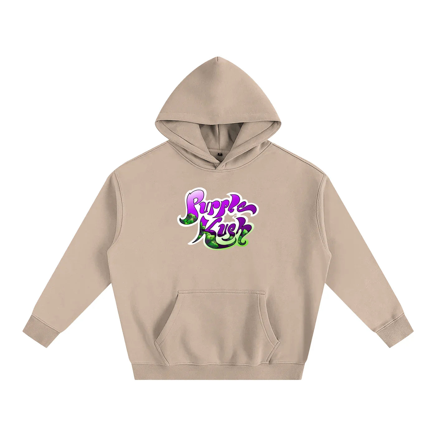 Tan hoodie with purple and green 'Purple Kush' graphic, blending streetwear and outdoors style.
