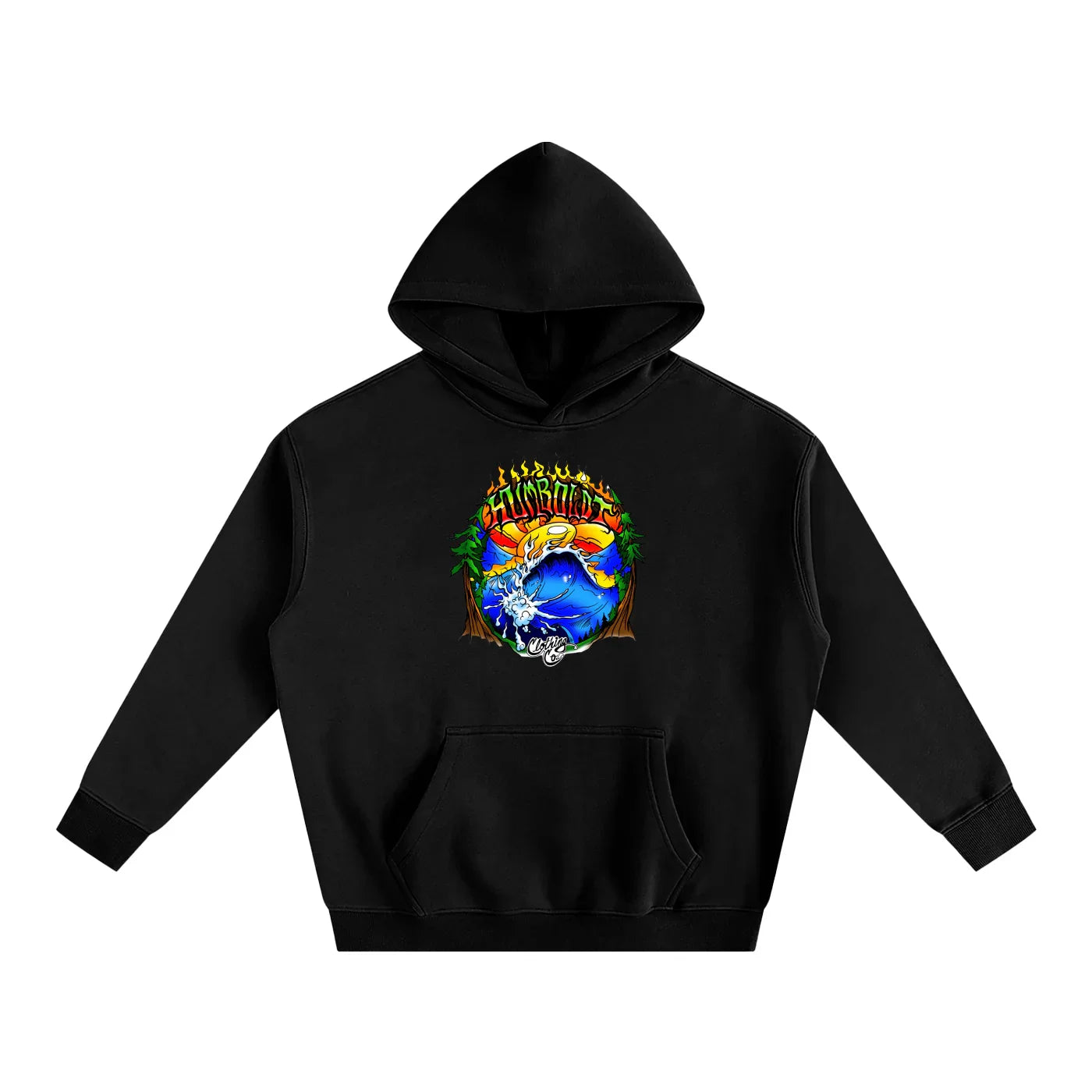 Black hoodie with vibrant Humboldt graphic, blending nature and streetwear style for outdoor adventures.