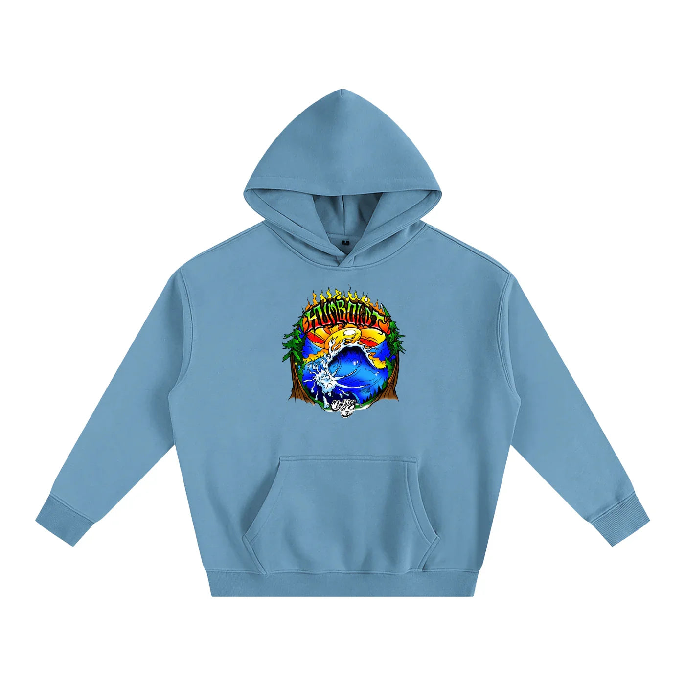 Light blue hoodie with vibrant Humboldt graphic, blending nature and urban streetwear style