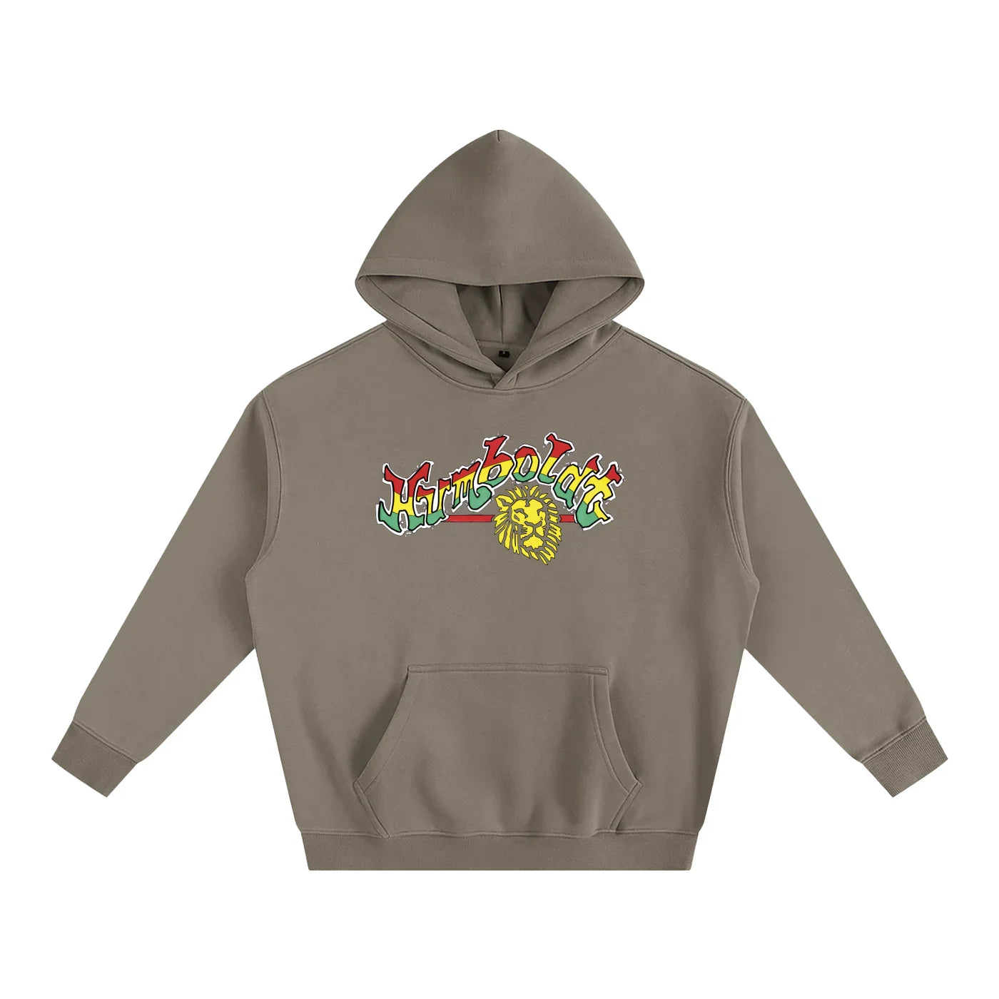 Tan hoodie with colorful Humboldt lion graphic, blending outdoor and streetwear style
