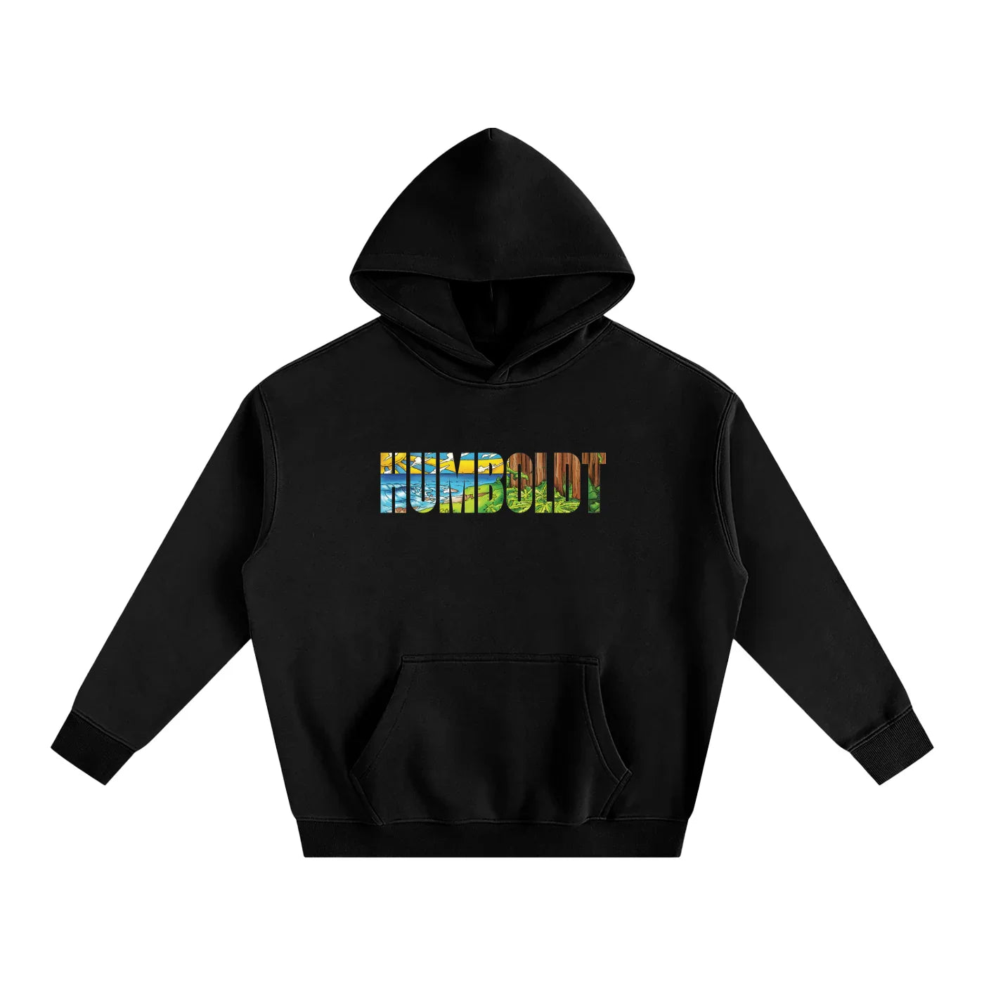 Black hoodie with colorful Humboldt graphic, blending coastal and forest scenes for outdoor streetwear style.