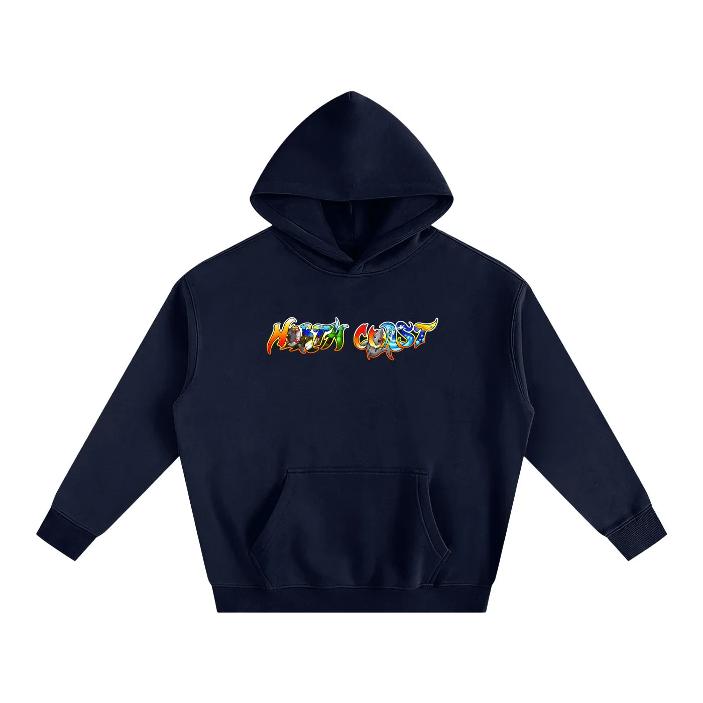 Navy hoodie with colorful 'North Coast' graphic, blending outdoor and streetwear style