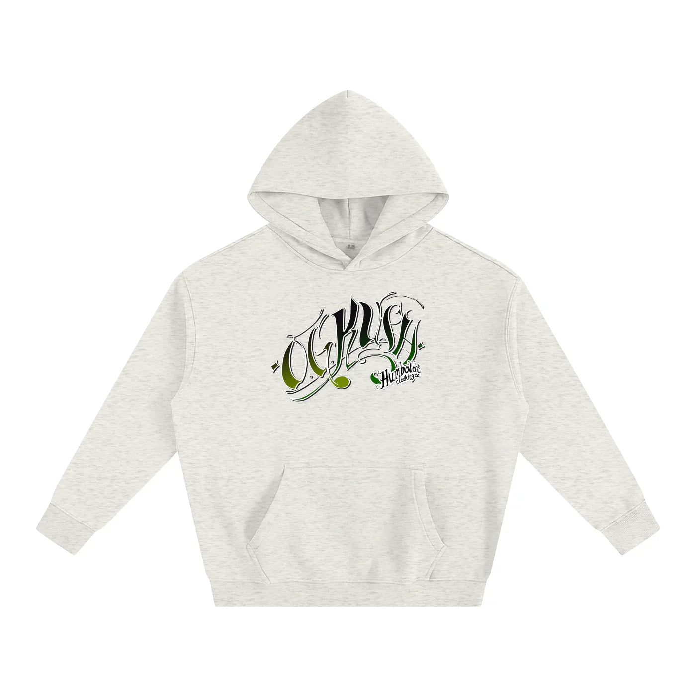 Heather gray hoodie with green and black Humboldt Clothing Co. logo, blending outdoor and streetwear style.
