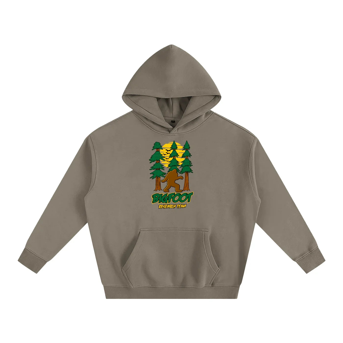 Bigfoot Research Team hoodie with forest graphic, outdoor streetwear style