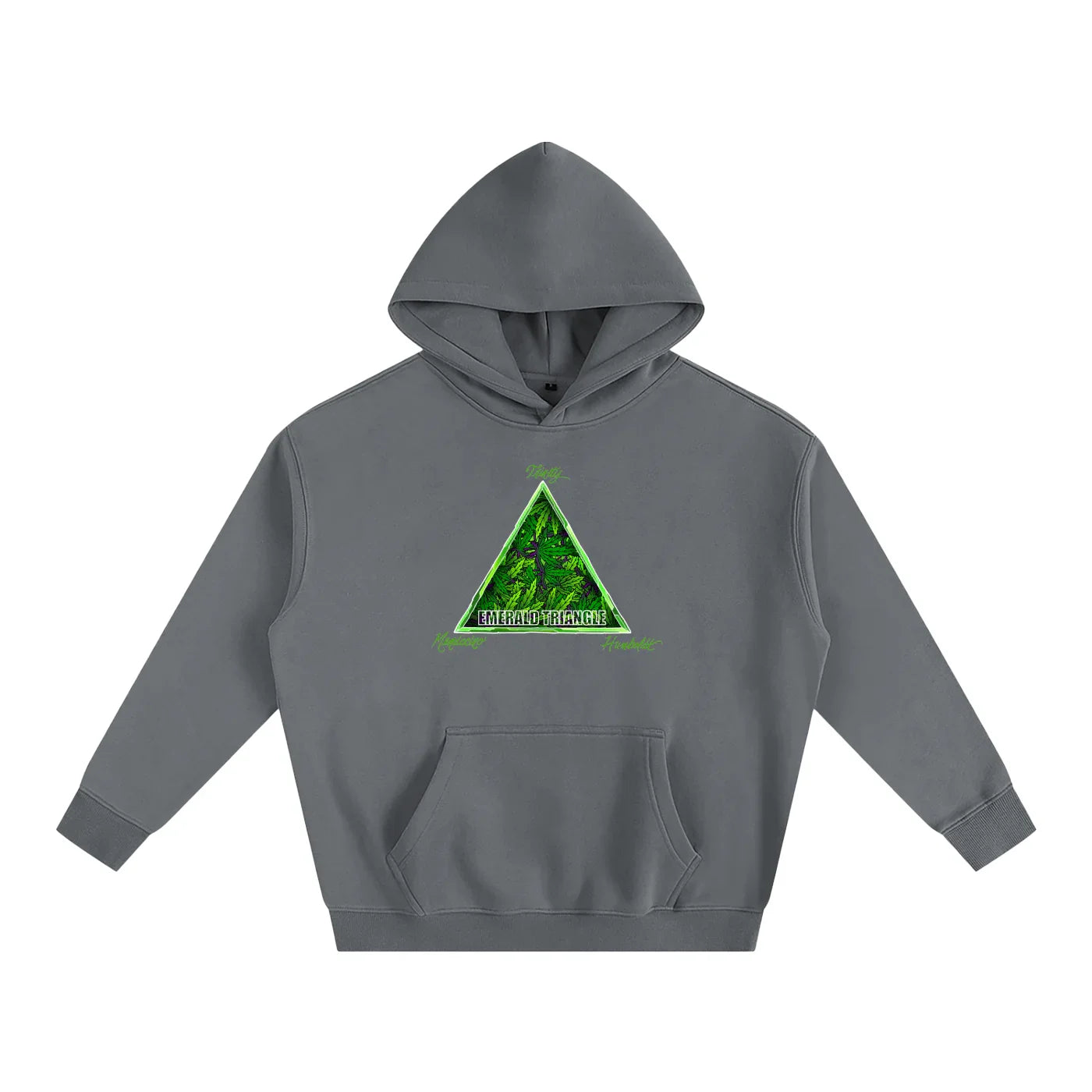 Gray hoodie with green 'Emerald Triangle' forest graphic, blending outdoor and streetwear style.