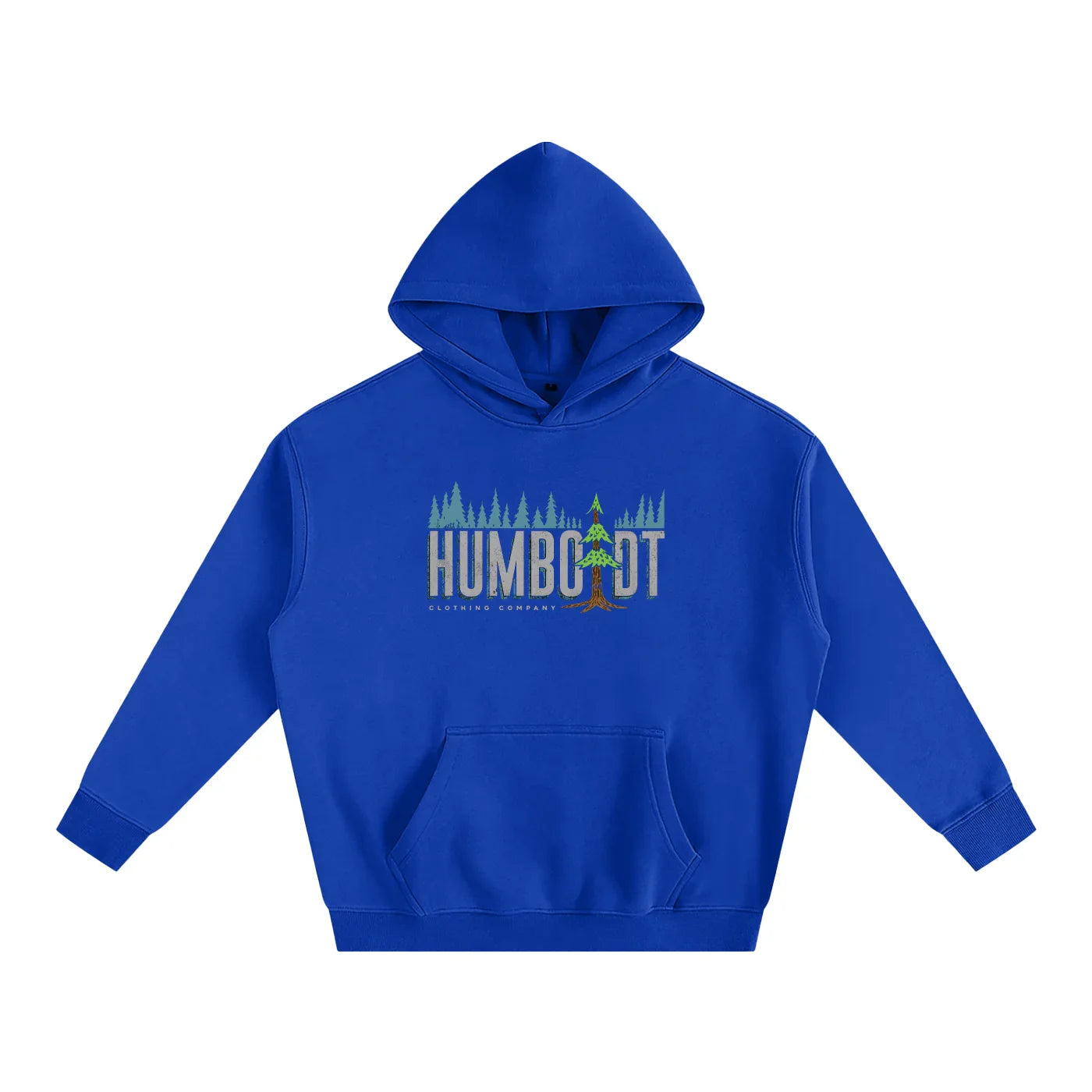 Royal blue hoodie with Humboldt forest graphic, blending outdoor and streetwear style