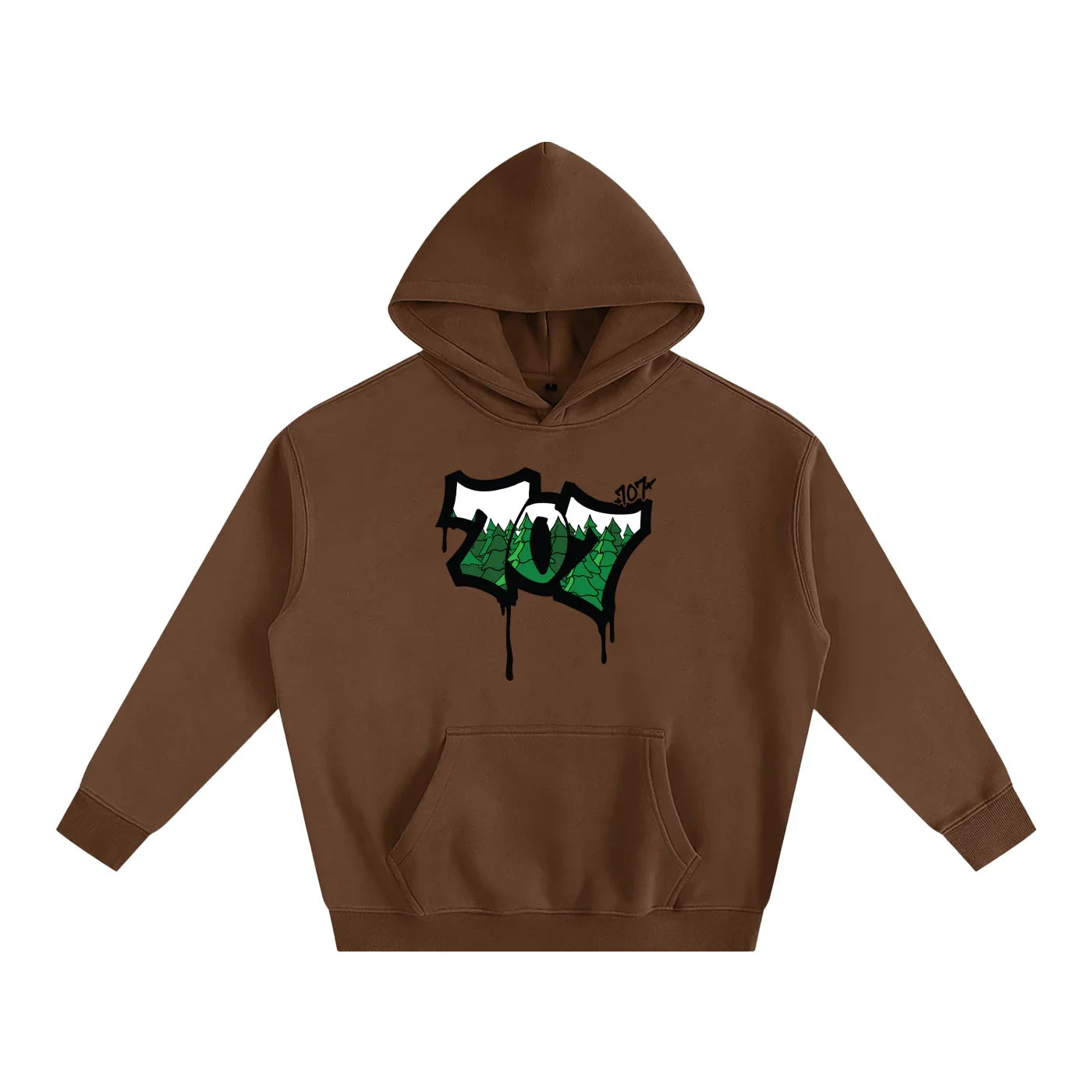 Brown hoodie with 707 forest graphic, blending outdoor and streetwear style