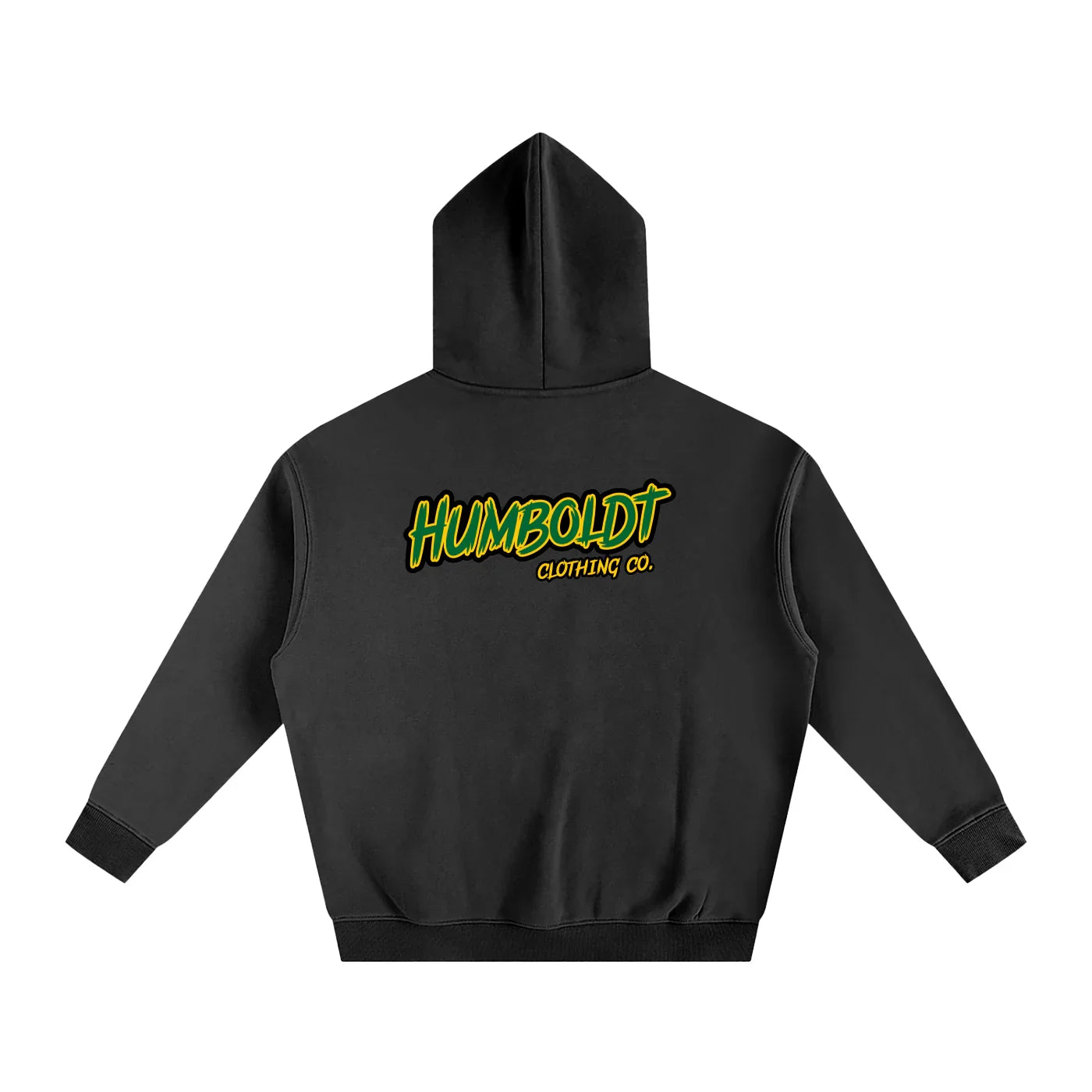 Black hoodie with Humboldt Clothing Co. logo in green and yellow, back view