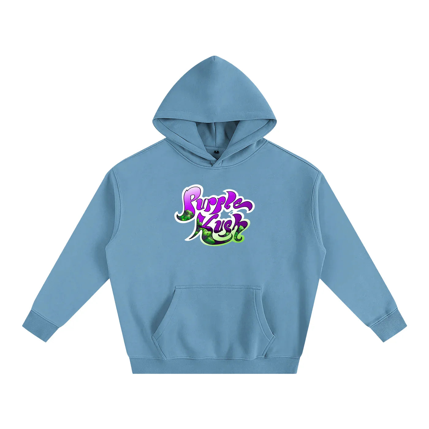 Light blue hoodie with vibrant 'Purple Kush' graphic, blending streetwear style and bold design.