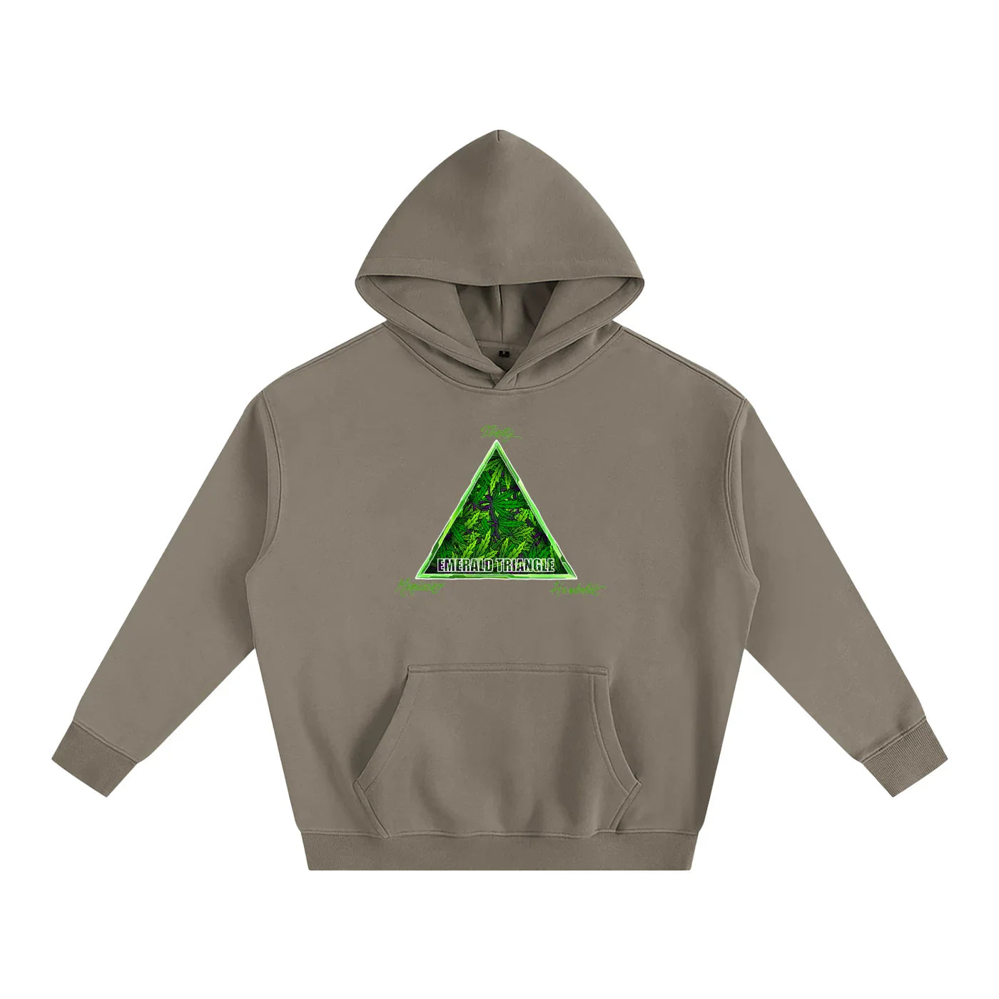 Olive green hoodie with neon green 'Emerald Triangle' forest graphic, blending outdoor and streetwear style.