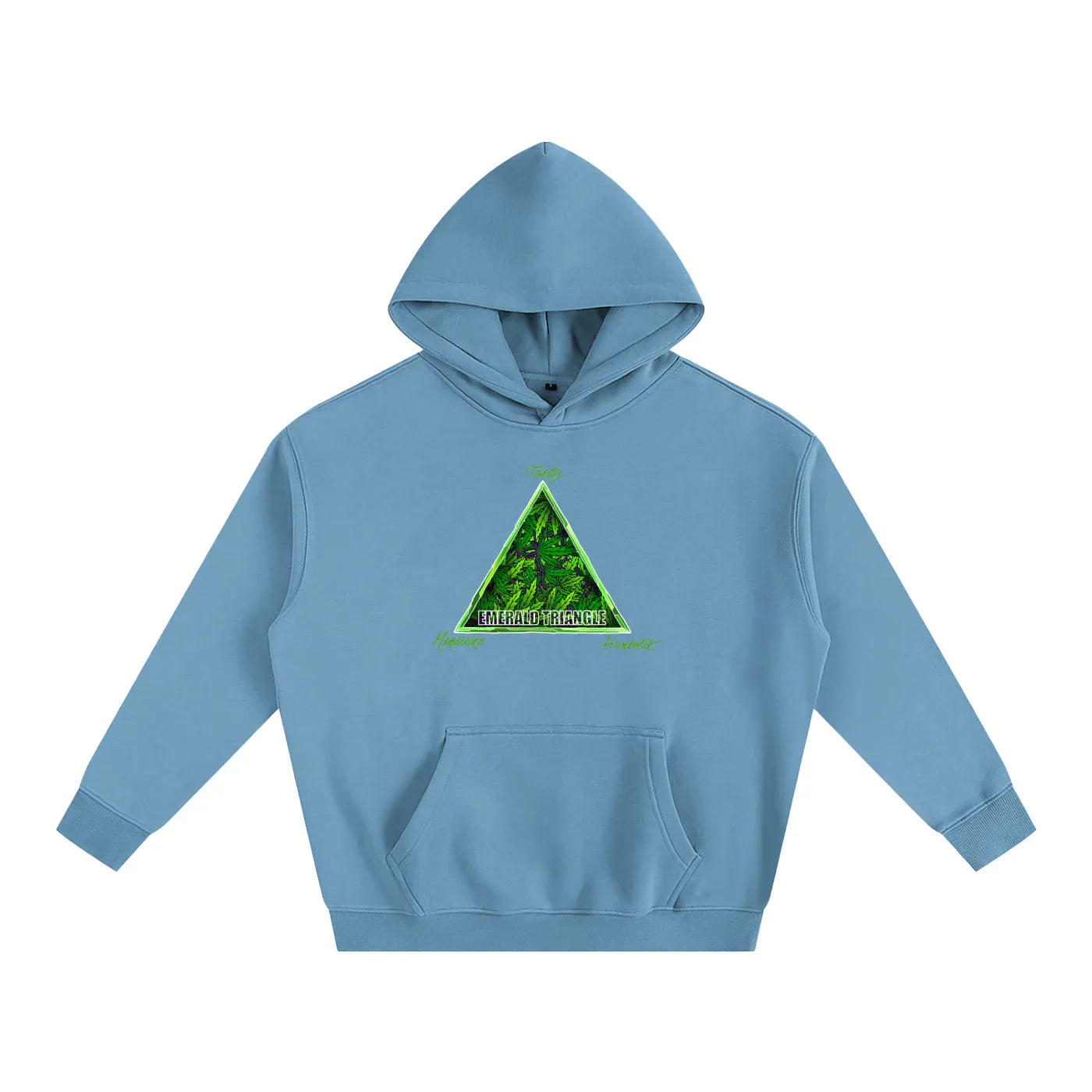 Light blue hoodie with green 'Emerald Triangle' forest graphic, blending outdoor and streetwear style.