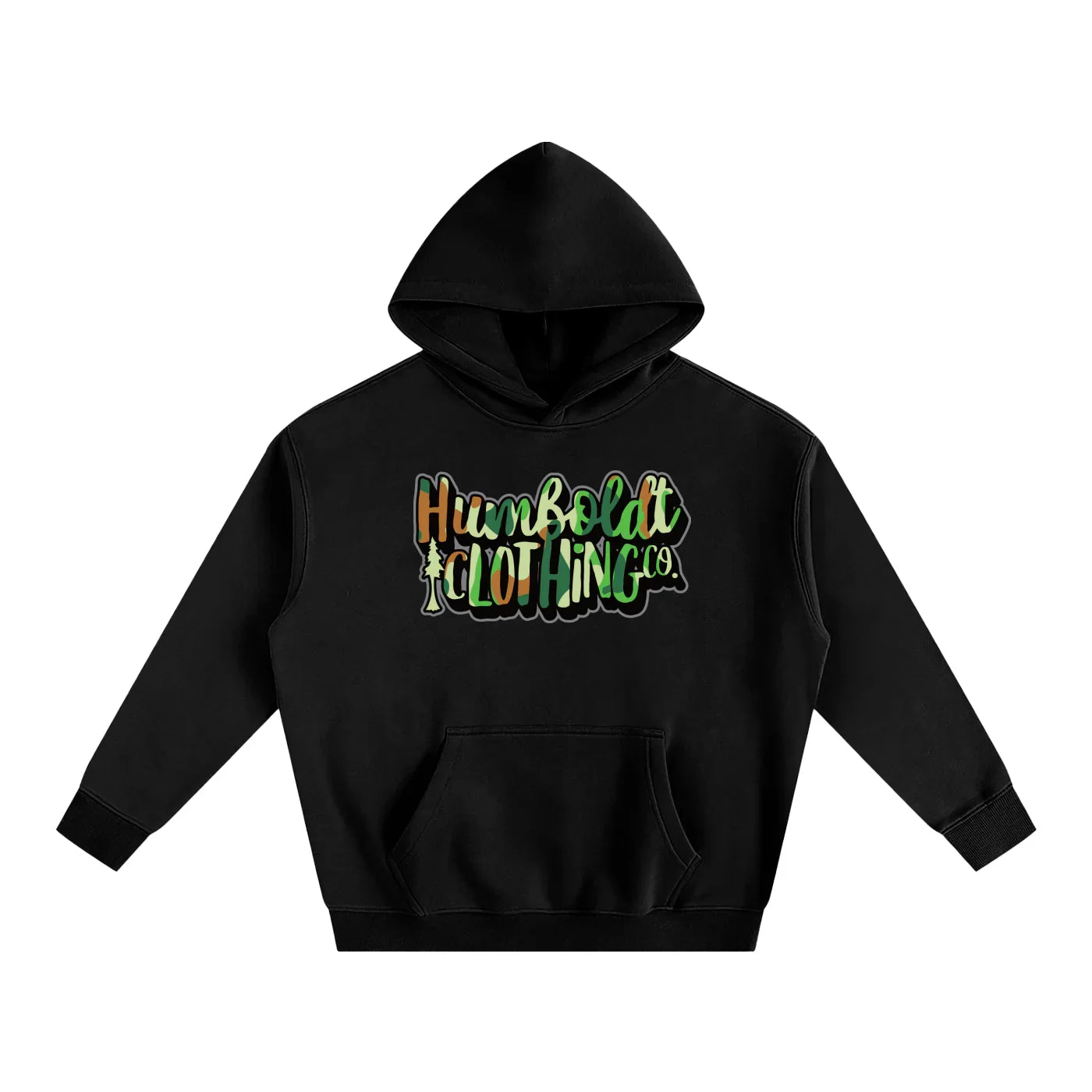 Black hoodie with camo Humboldt Clothing Co logo