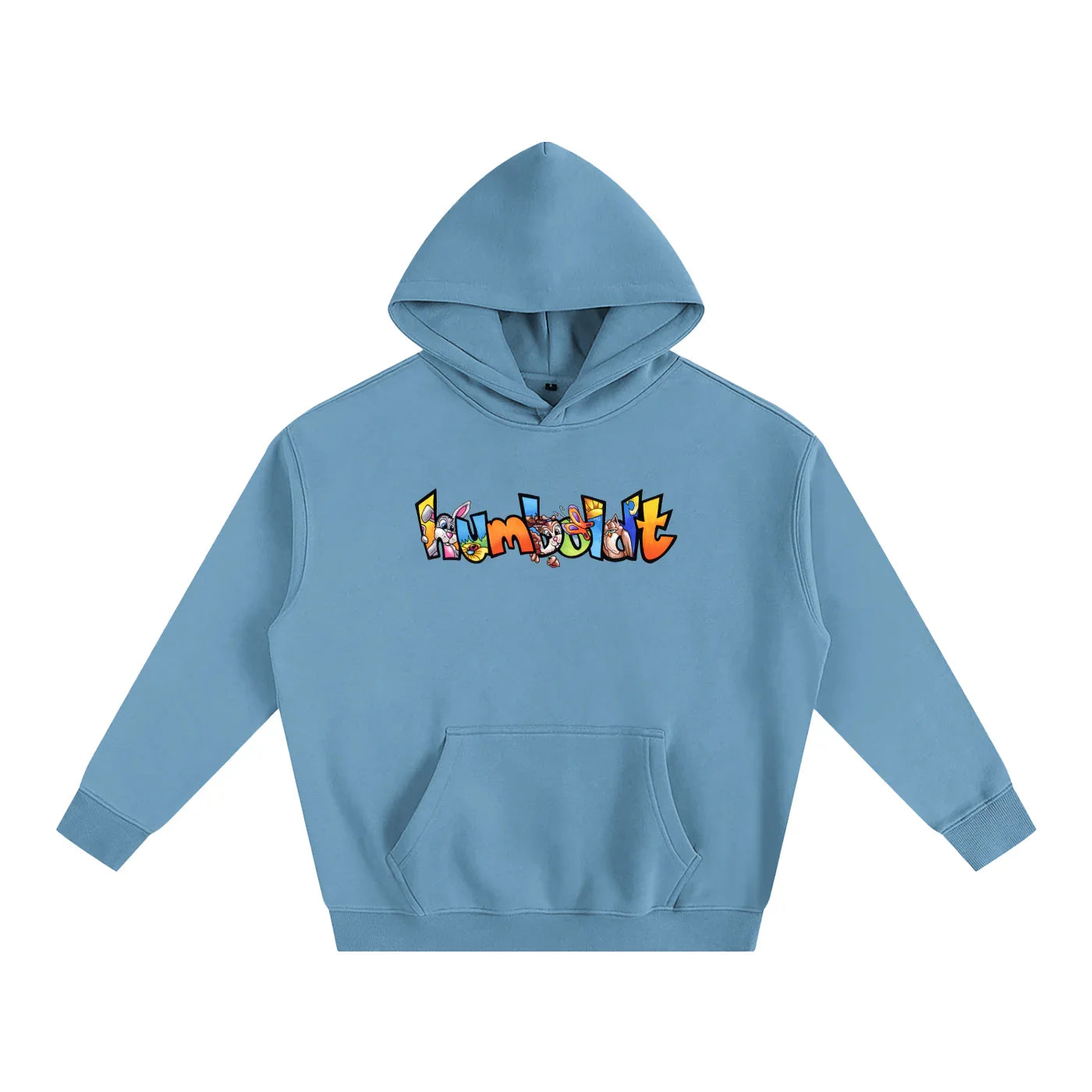 Light blue hoodie with colorful 'Humboldt' graphic, blending outdoor and streetwear style