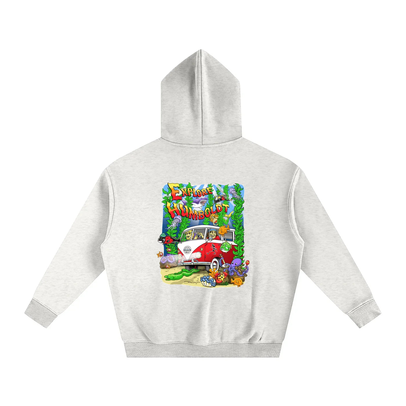 Gray hoodie with 'Explore Humboldt' graphic featuring a red VW bus, sea creatures, and coastal vibes