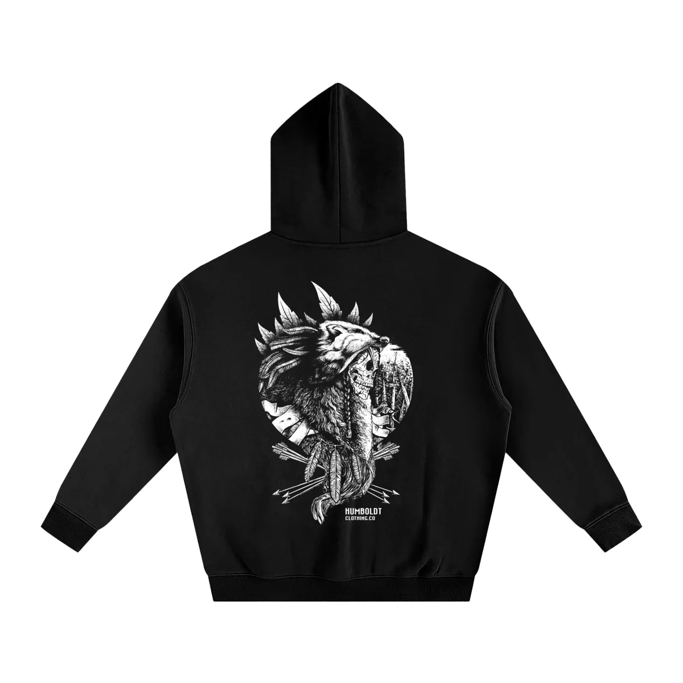 Black hoodie with a white graphic design of a skull wearing a bear headdress wwith arrows and native feathers on the back against a white background