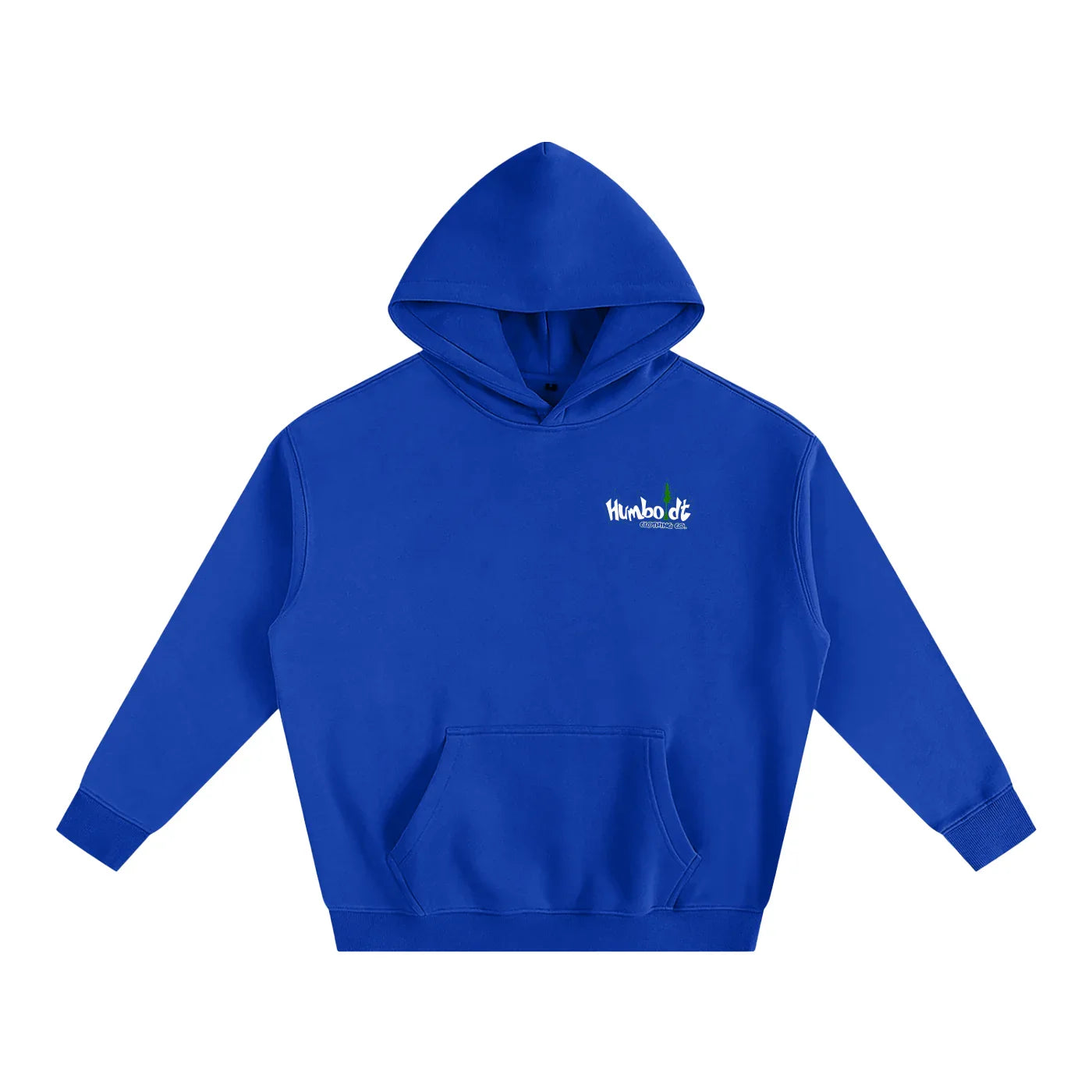 Royal blue hoodie with Humboldt Clothing Co. logo, featuring outdoor streetwear style for Northern California vibes