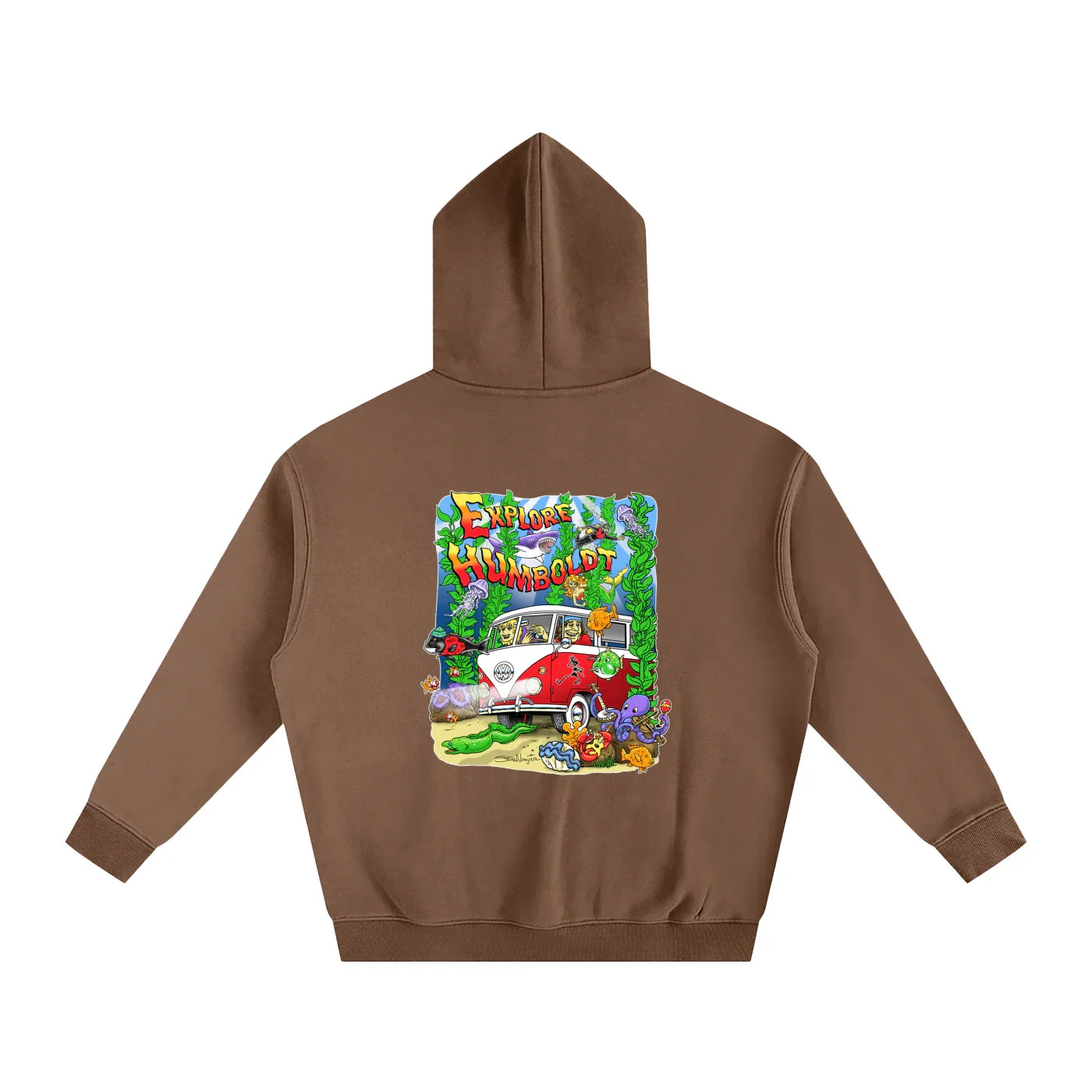 Brown hoodie with 'Explore Humboldt' graphic featuring a vintage van, sea creatures, and coastal vibes.