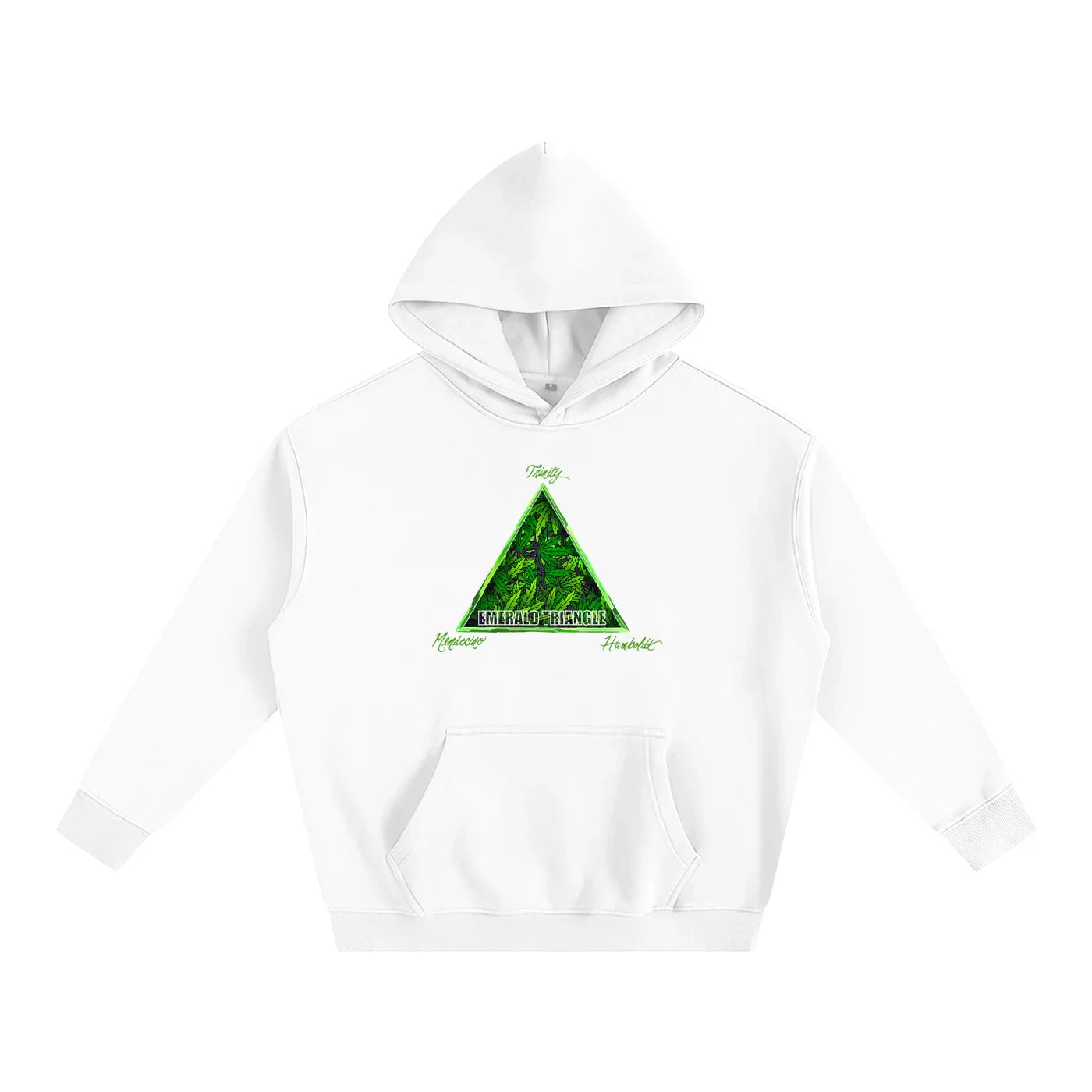 White hoodie with green Emerald Triangle forest graphic, blending Humboldt outdoor style and streetwear.