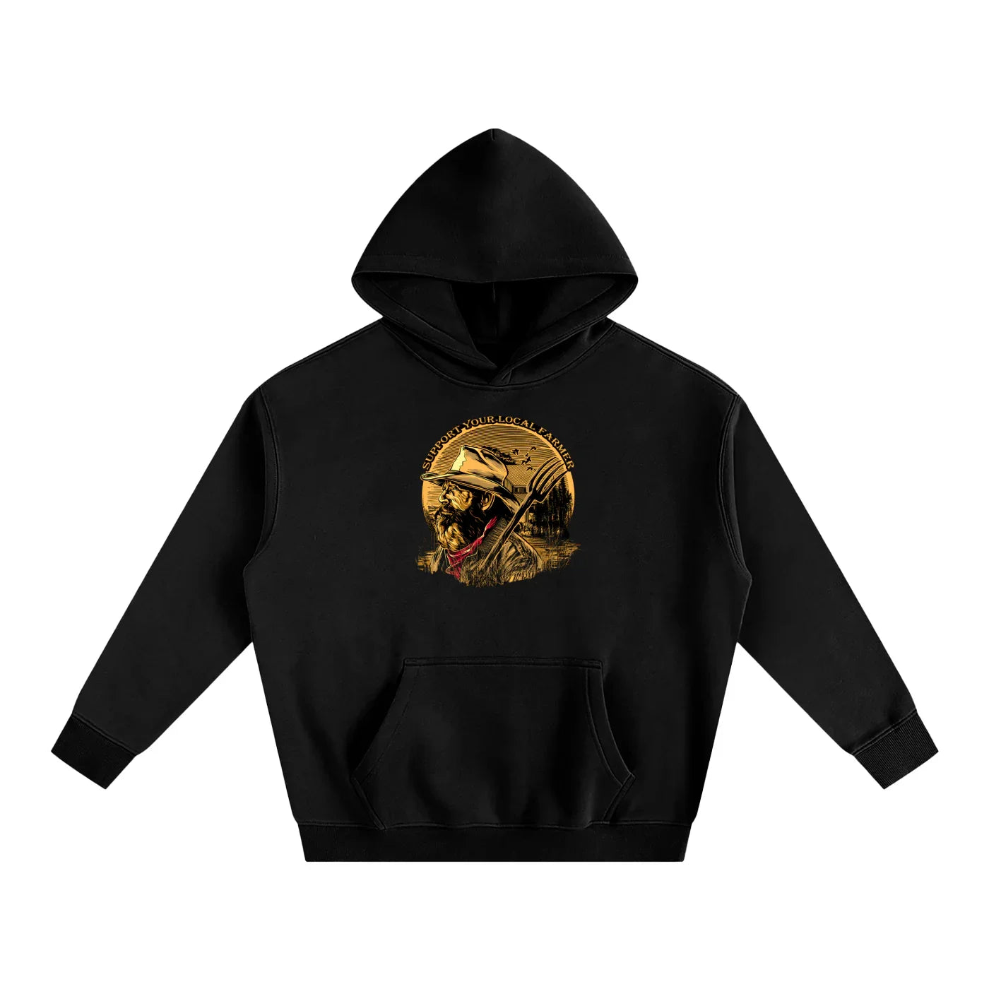 Black hoodie with 'Support Your Local Farmer' graphic, rugged outdoor style for Humboldt County vibes.