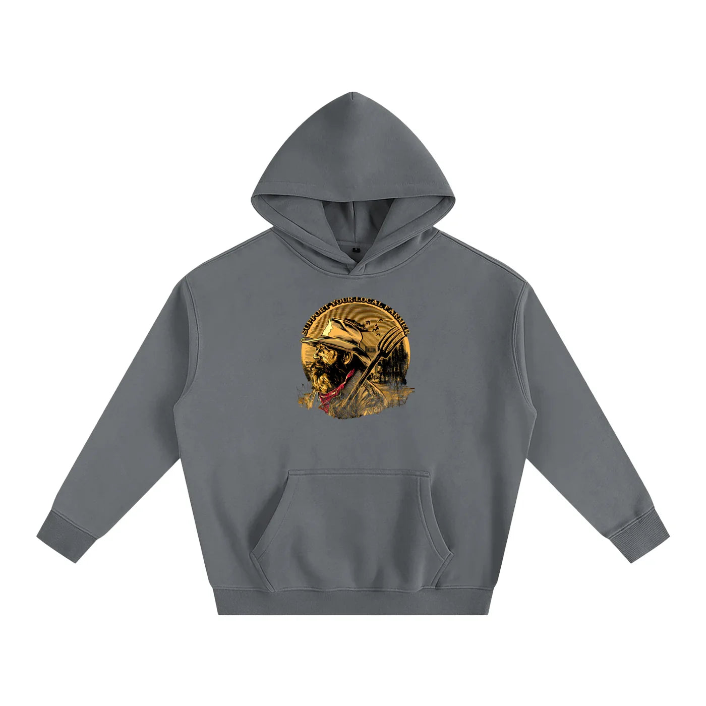 Gray hoodie with 'Support Your Local Farmer' graphic, rustic farmer design, outdoor streetwear style