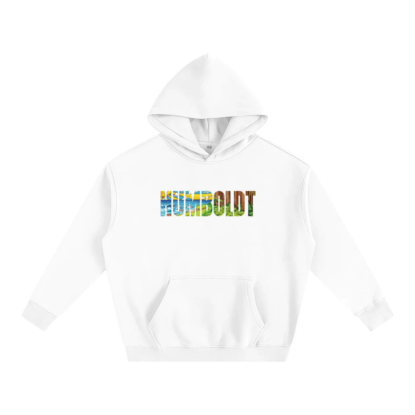 White hoodie with colorful 'HUMBOLDT' graphic, blending coastal and forest scenery for outdoor-inspired streetwear style.