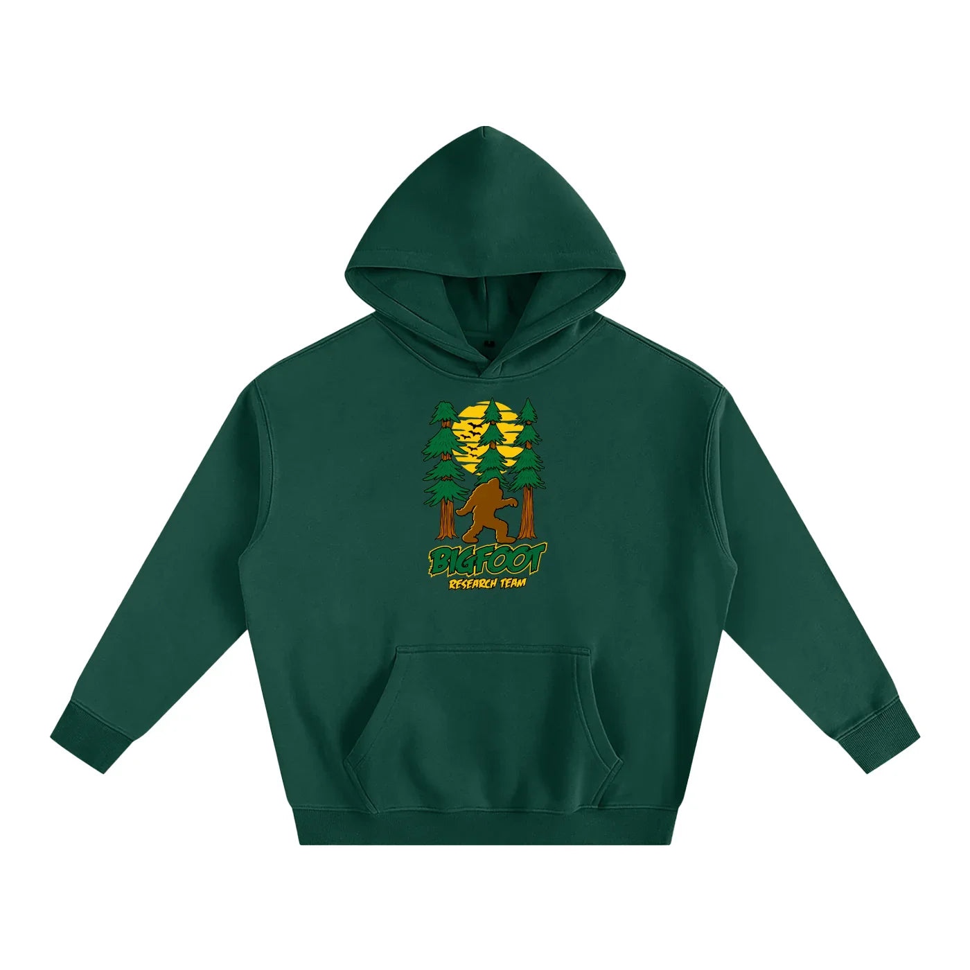 Forest green hoodie with Bigfoot graphic, pine trees, sunset, and 'Bigfoot Research Team' text