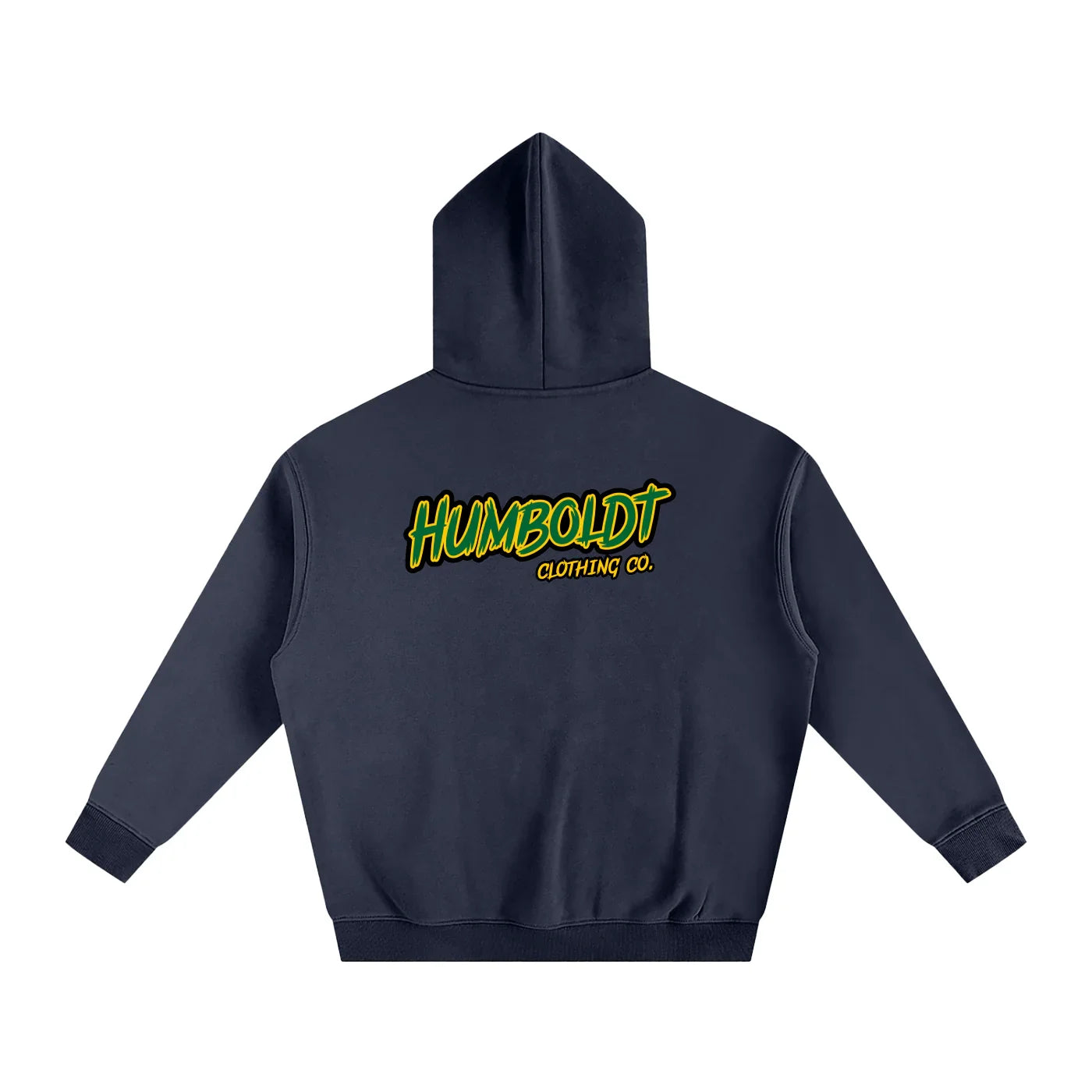 Navy hoodie with Humboldt Clothing Co. logo in green and yellow, back view