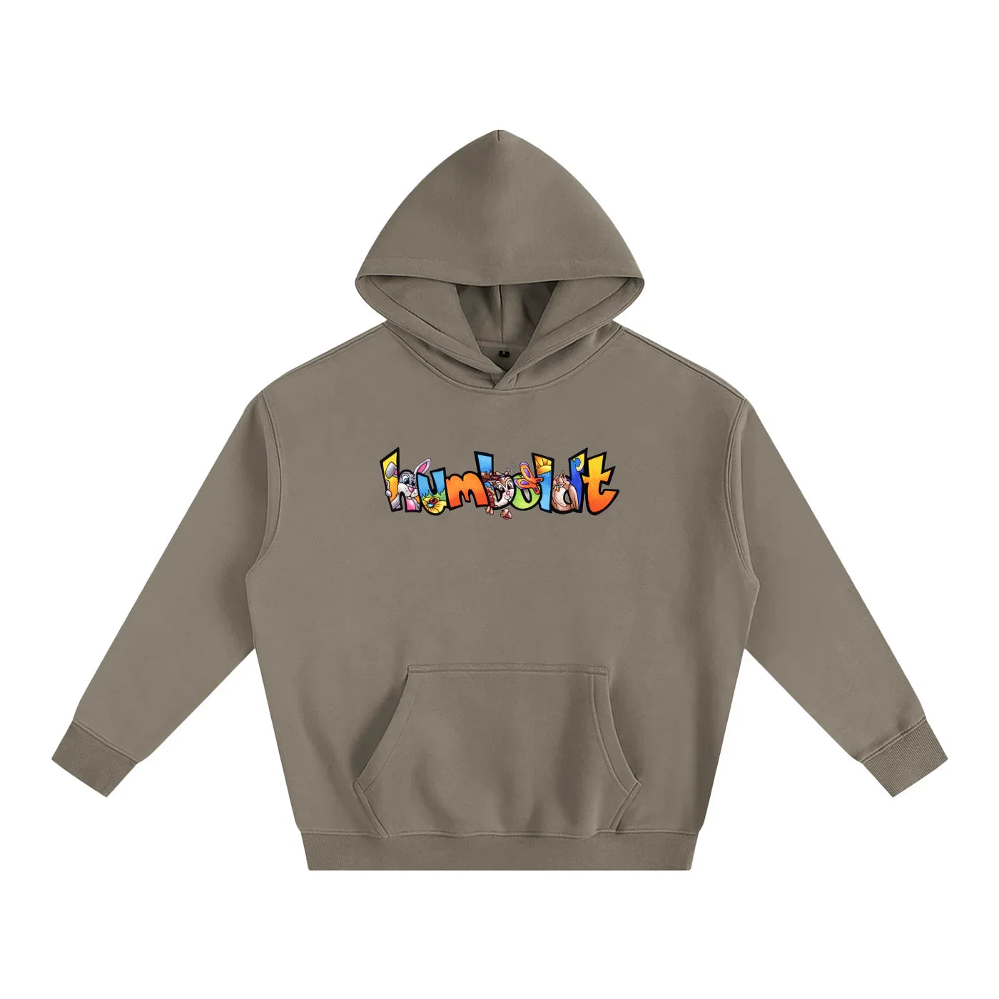 Tan hoodie with colorful Humboldt graphic, blending outdoor and streetwear style