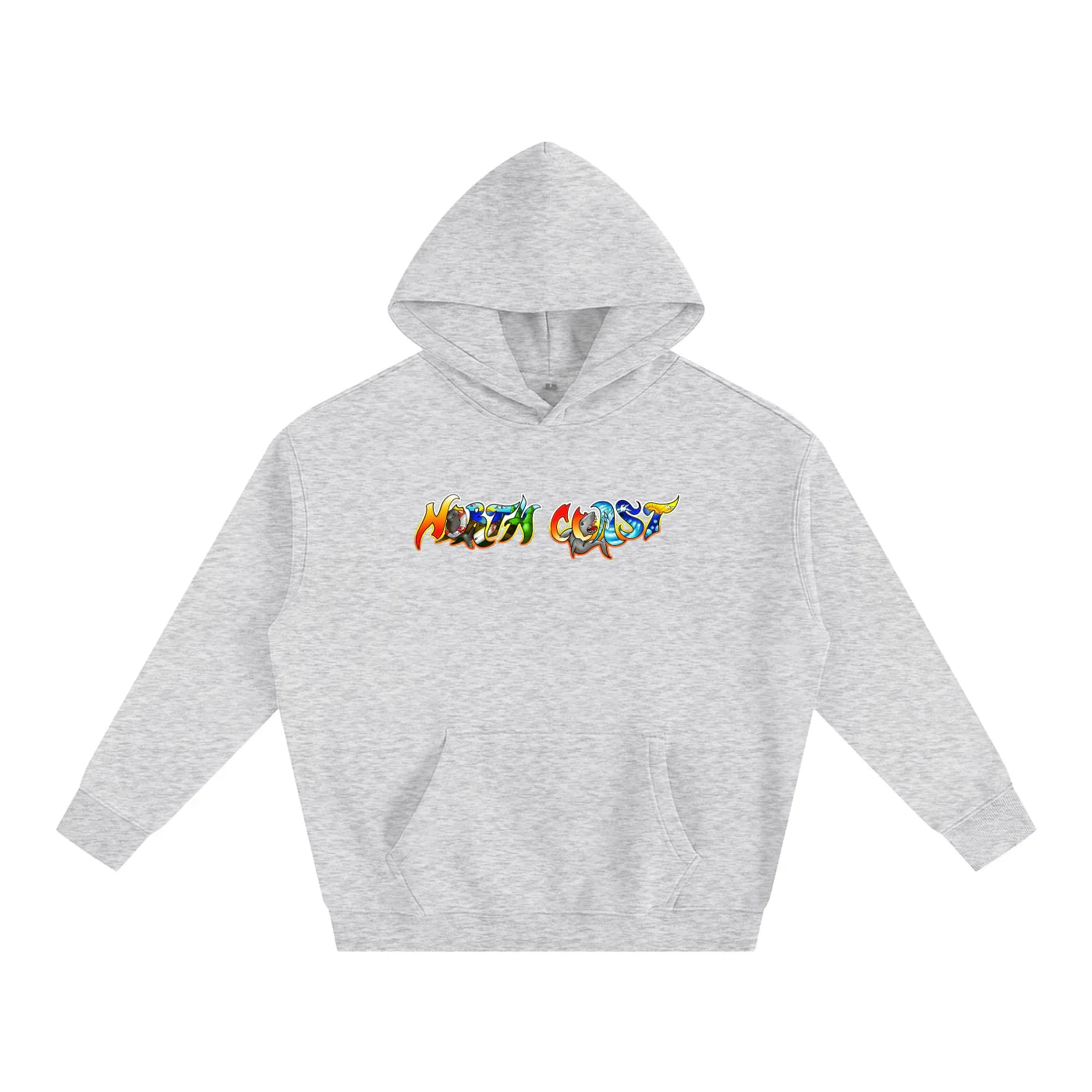 Gray hoodie with colorful 'North Coast' graphic, blending outdoor and streetwear style