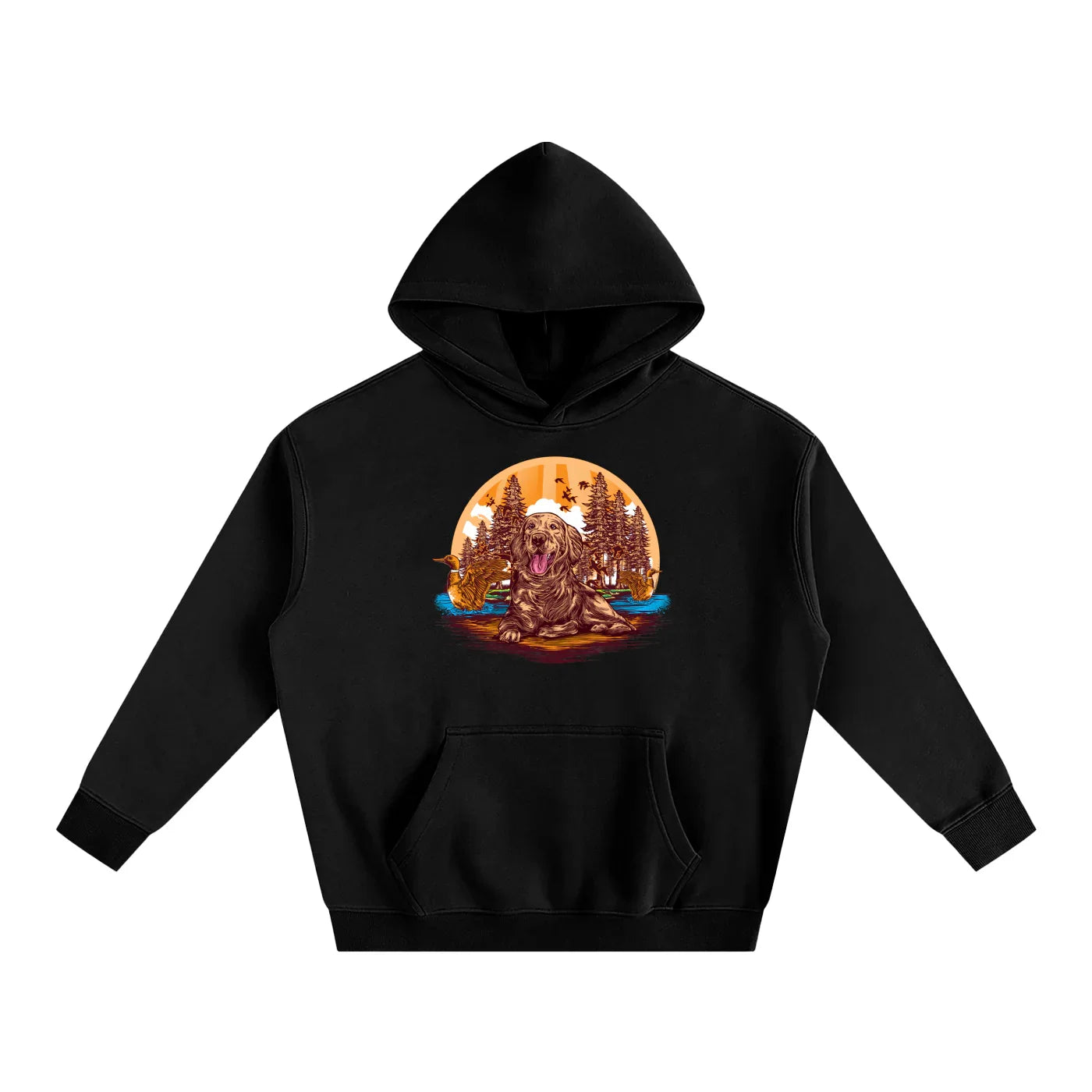 Black hoodie with a colorful graphic showing a retriever dog with a duck and trees and blue water