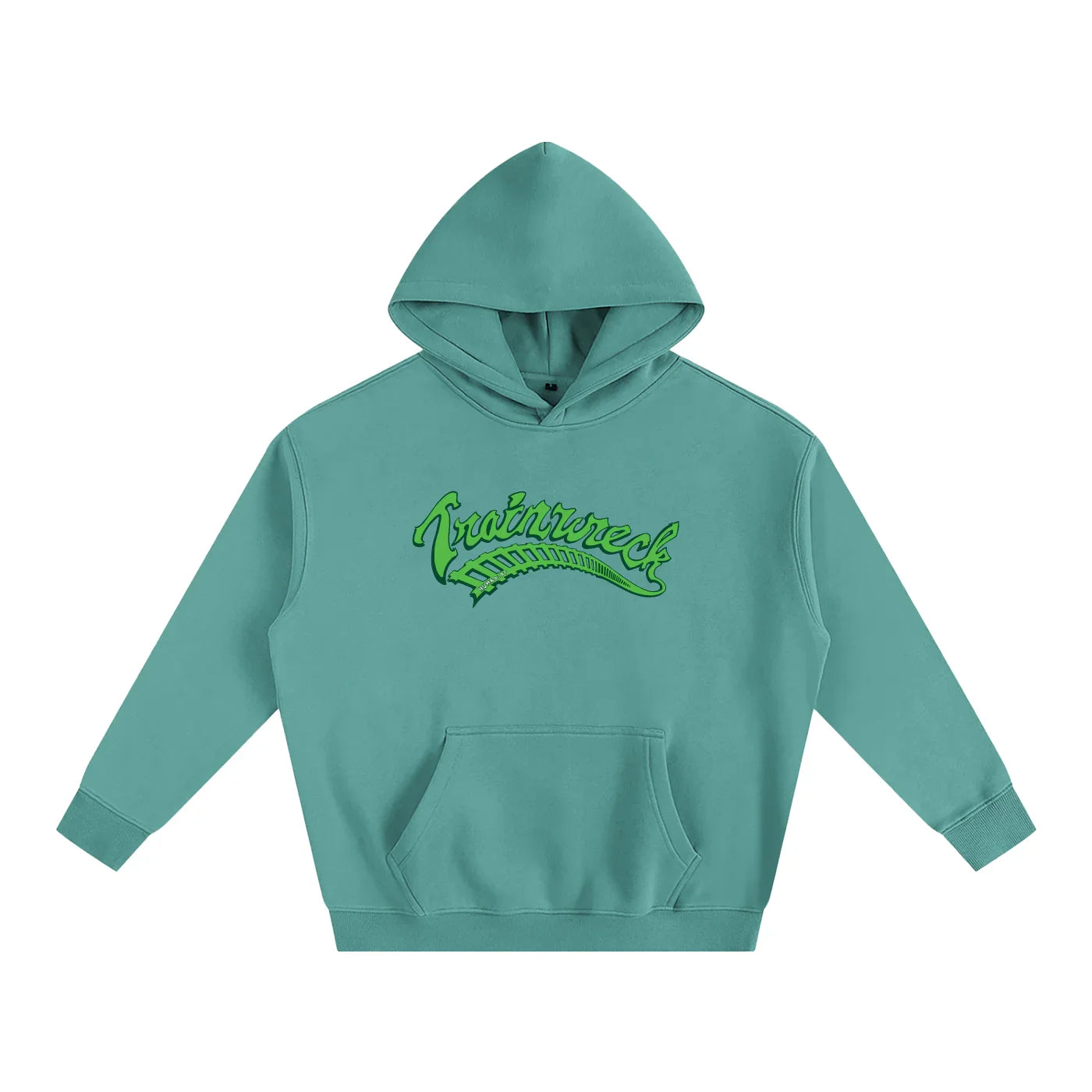 Teal hoodie with green 'Trainwreck' graphic, urban streetwear style