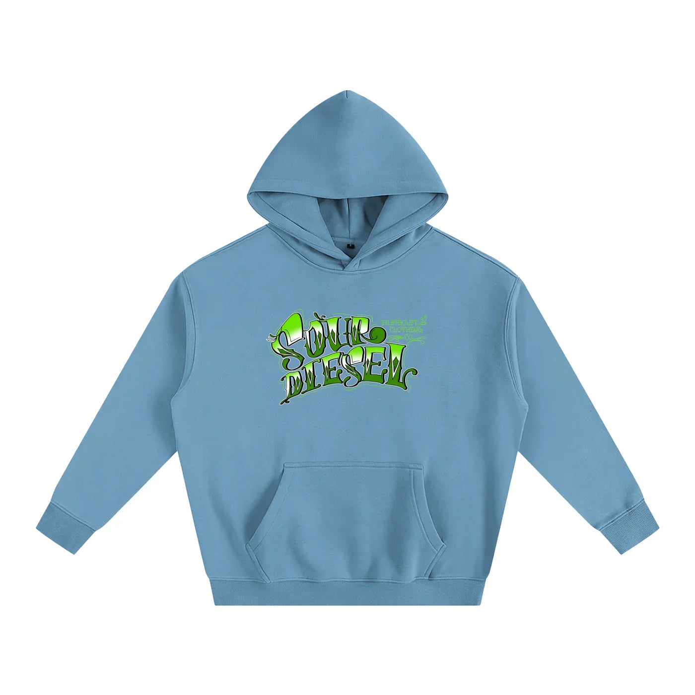 Light blue hoodie with green 'Sour Diesel' graphic, blending streetwear and outdoor style
