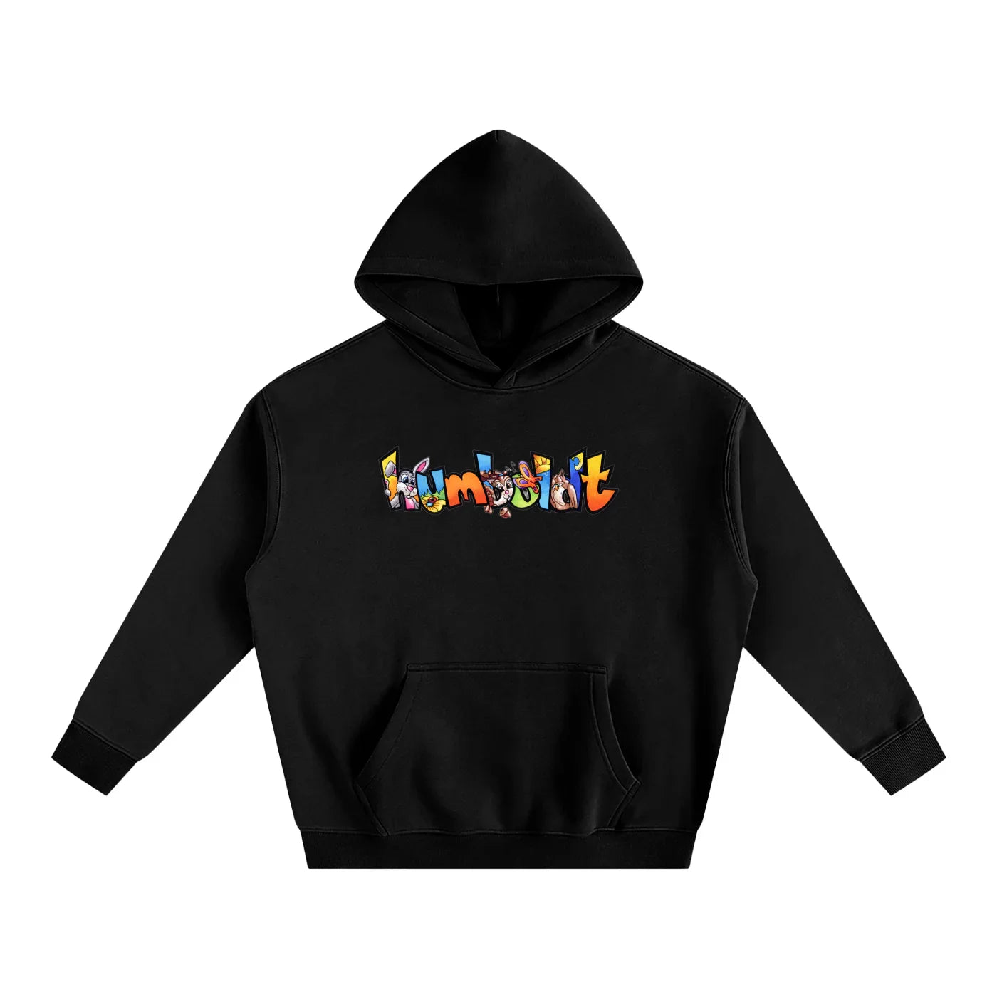Black hoodie with colorful Humboldt graphic with cute animals like a rabbit, squirrel, butterfly and owl, blending outdoor and streetwear style for Northern California vibes.