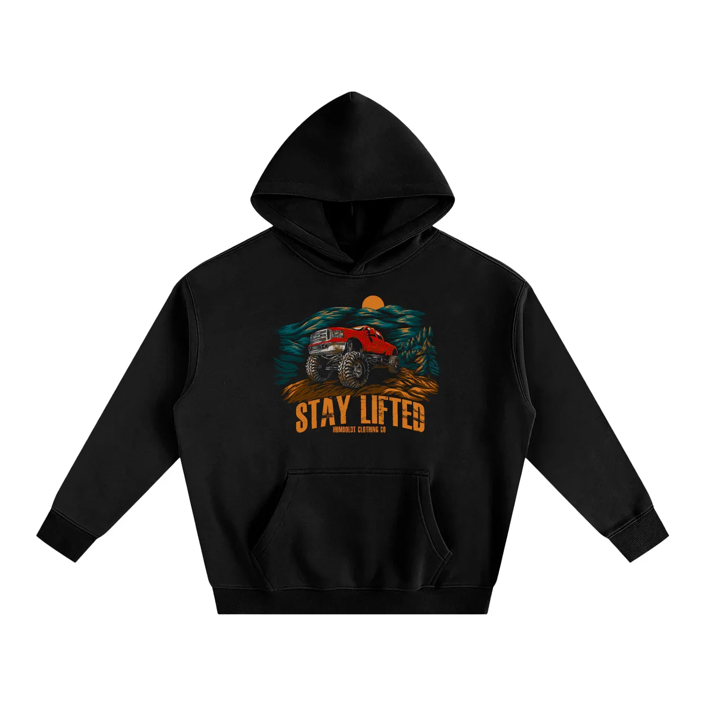 Black hoodie with graphic designshowing a big red truck and trees and 'Stay Lifted' text. Text also says Humboldt Clothing Co