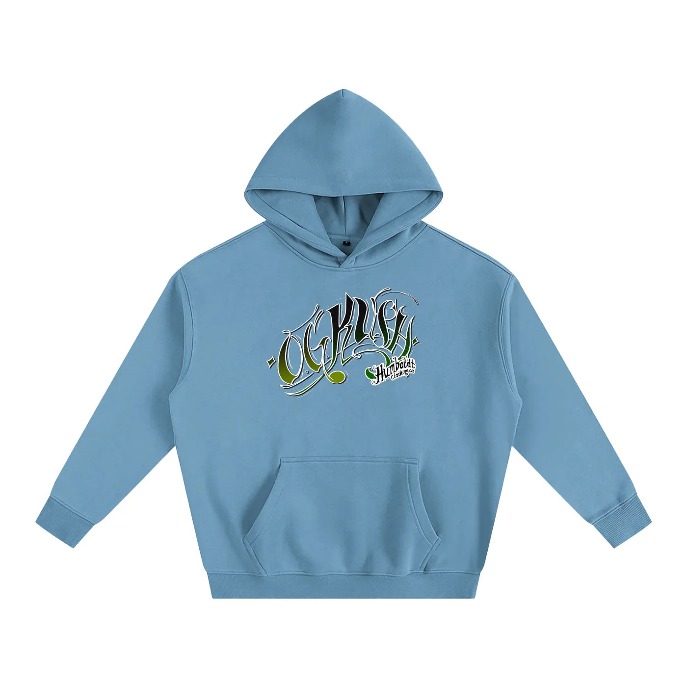 Light blue hoodie with green 'OG Kush' graphic, Humboldt Clothing Co. logo, front pocket, urban streetwear style