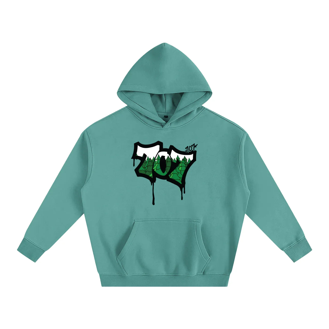 Teal hoodie with 707 forest graphic, blending outdoor and streetwear style